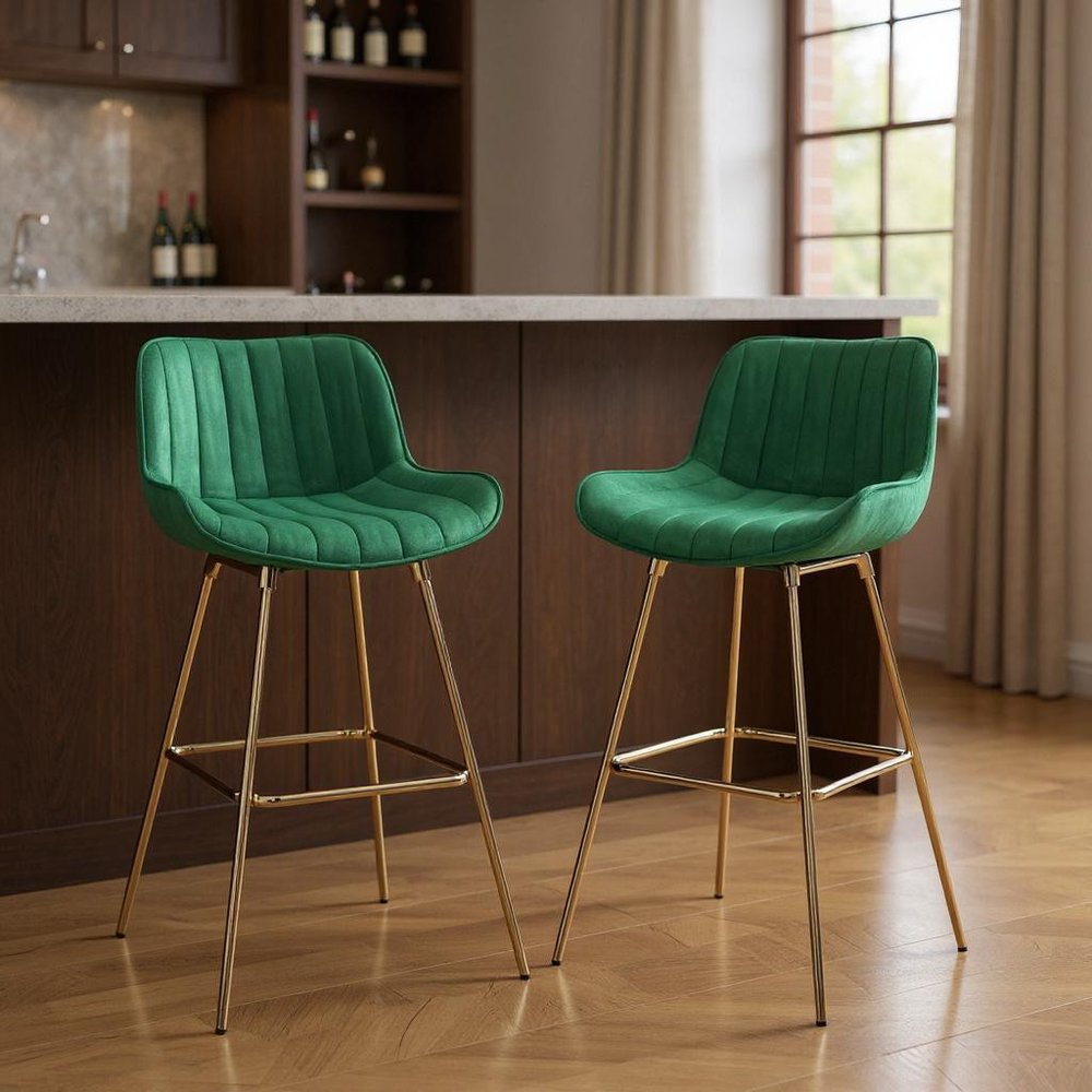 Set of Two 29" Green and Gold Velvet and Metal Low Back Bar Height Swivel Bar Chairs