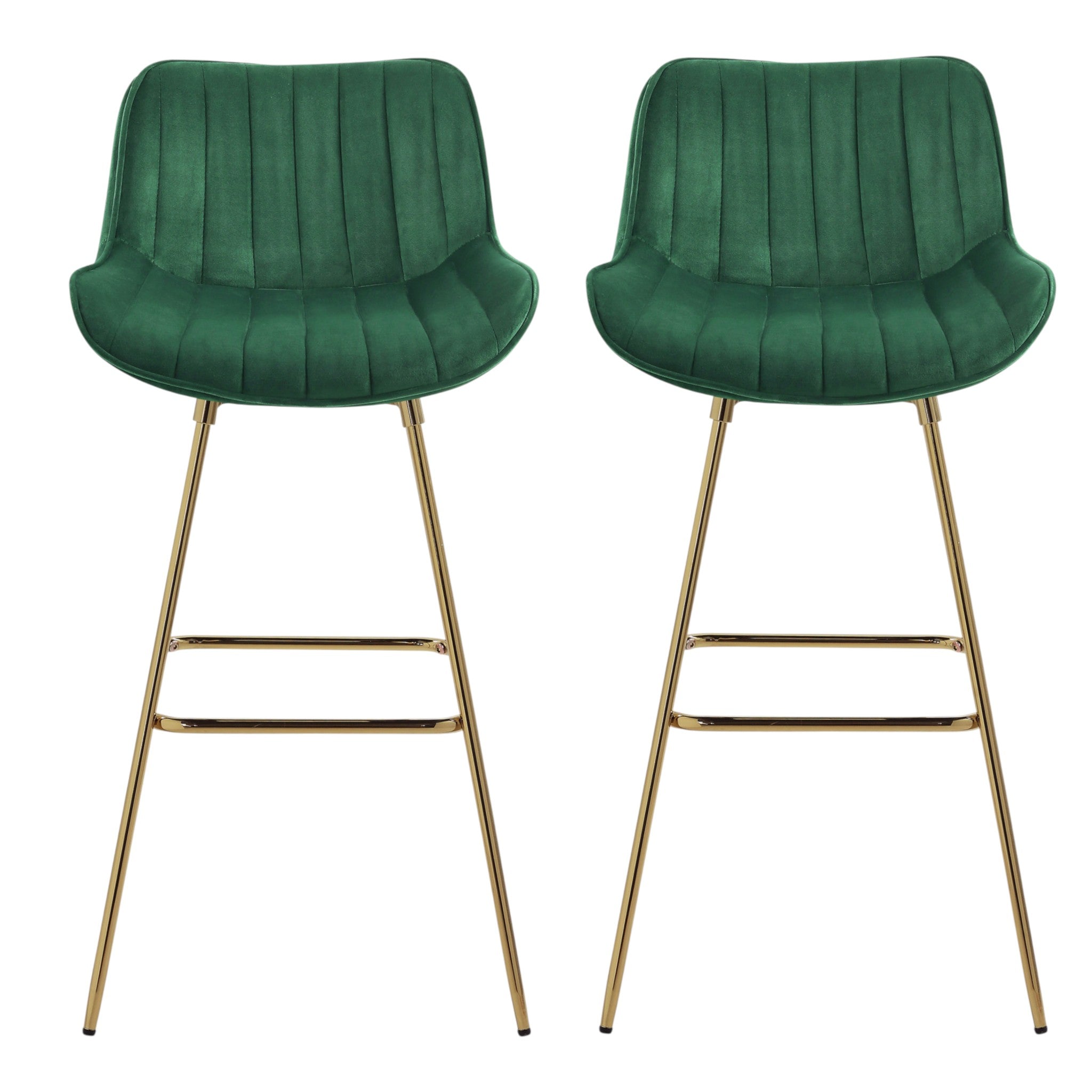 Set of Two 29" Green And Gold Velvet And Metal Low Back Bar Height Swivel Bar Chairs