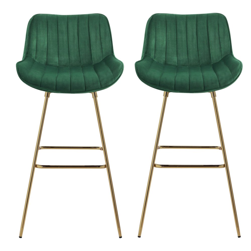 Set of Two 29" Green and Gold Velvet and Metal Low Back Bar Height Swivel Bar Chairs