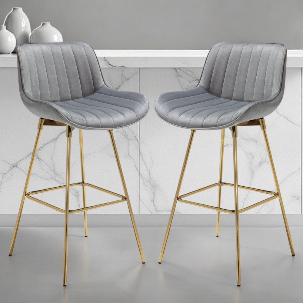 Set of Two 29" Gray and Gold Velvet and Metal Low Back Bar Height Swivel Bar Chairs