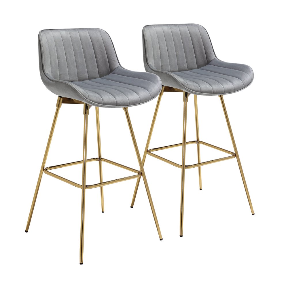 Set of Two 29" Gray and Gold Velvet and Metal Low Back Bar Height Swivel Bar Chairs