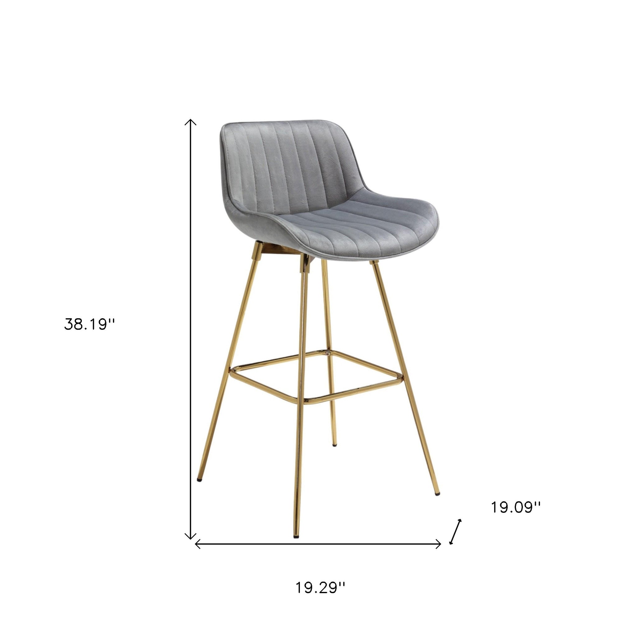 Set of Two 29" Gray And Gold Velvet And Metal Low Back Bar Height Swivel Bar Chairs