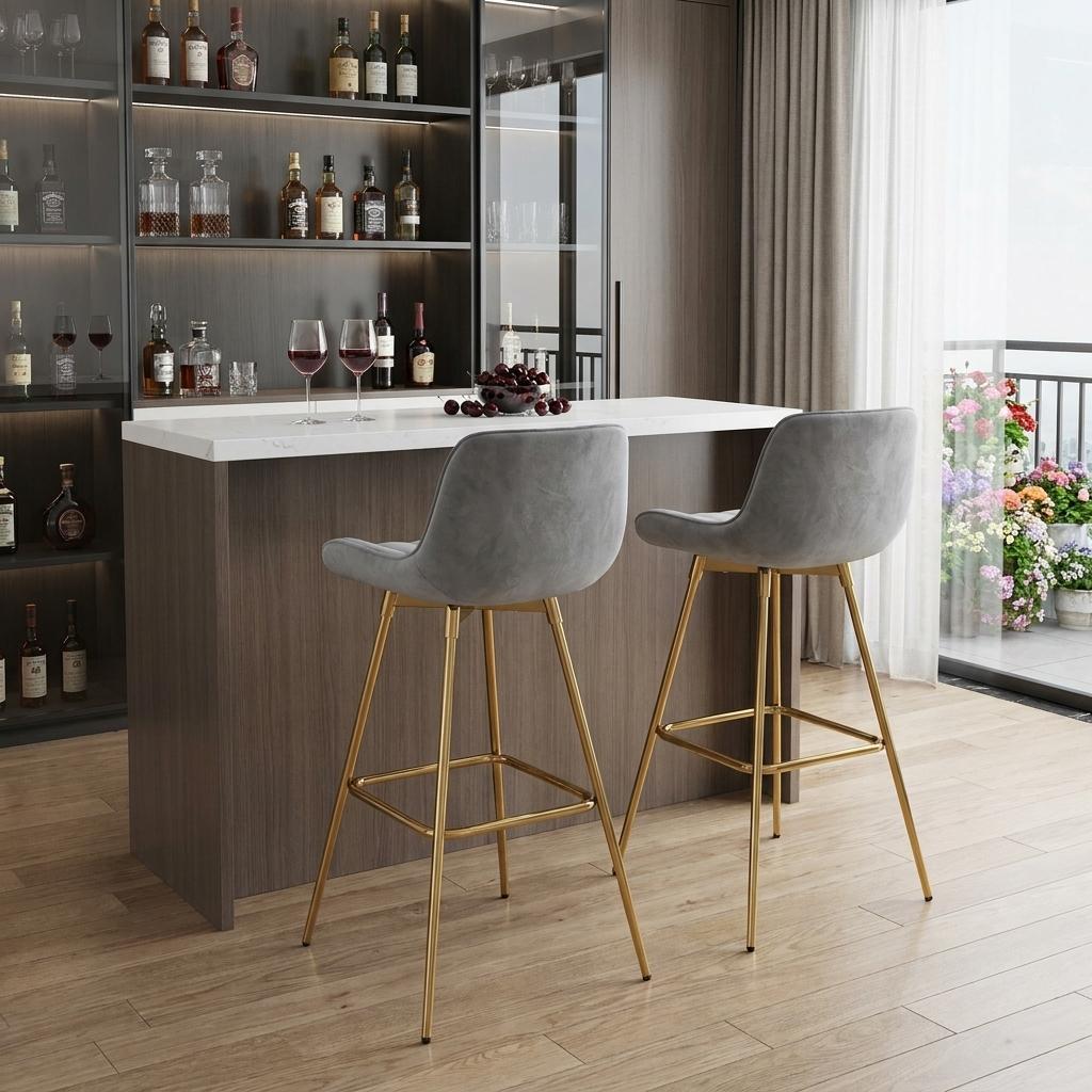 Set of Two 29" Gray And Gold Velvet And Metal Low Back Bar Height Swivel Bar Chairs