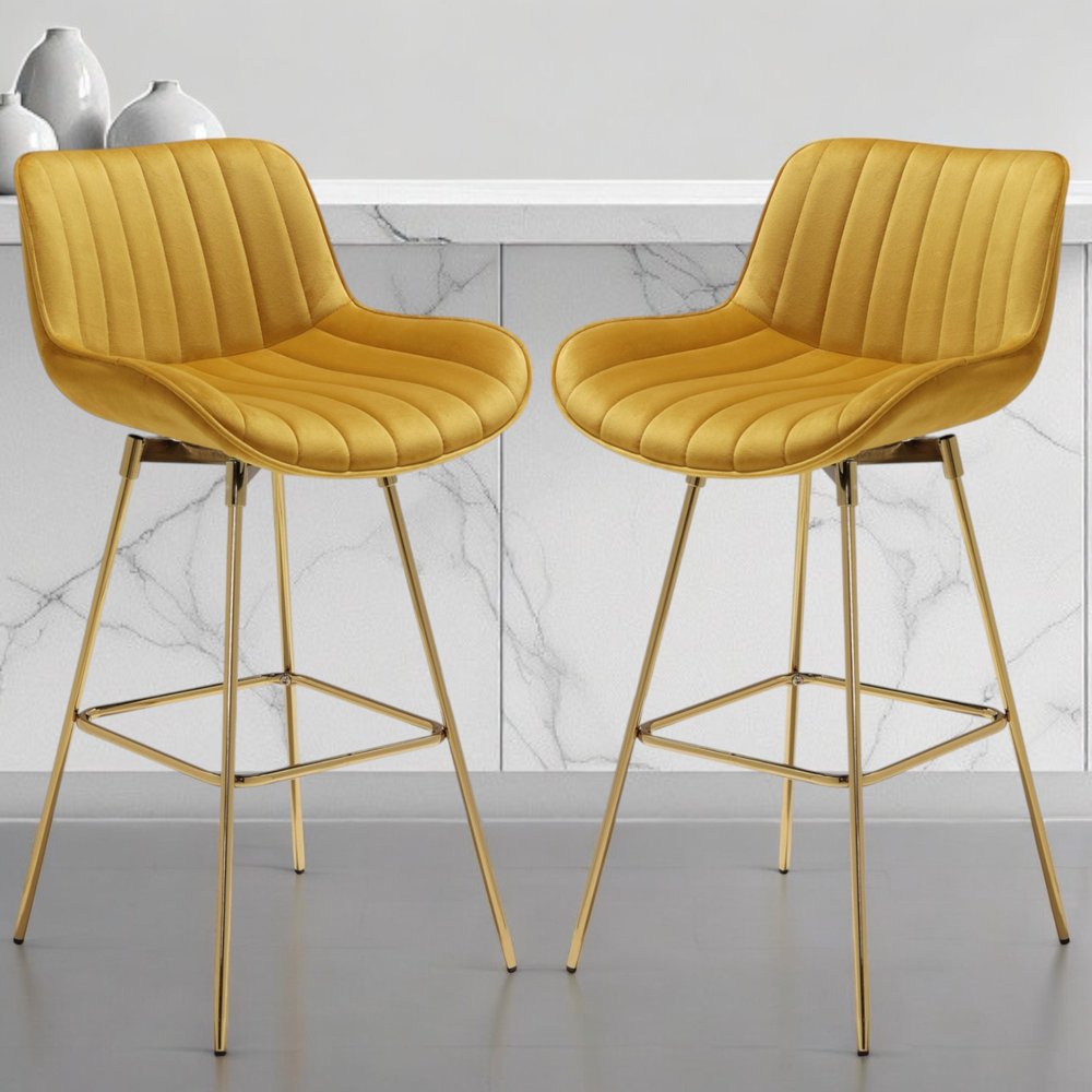 Set of Two 29" Yellow and Gold Velvet and Metal Low Back Bar Height Swivel Bar Chairs