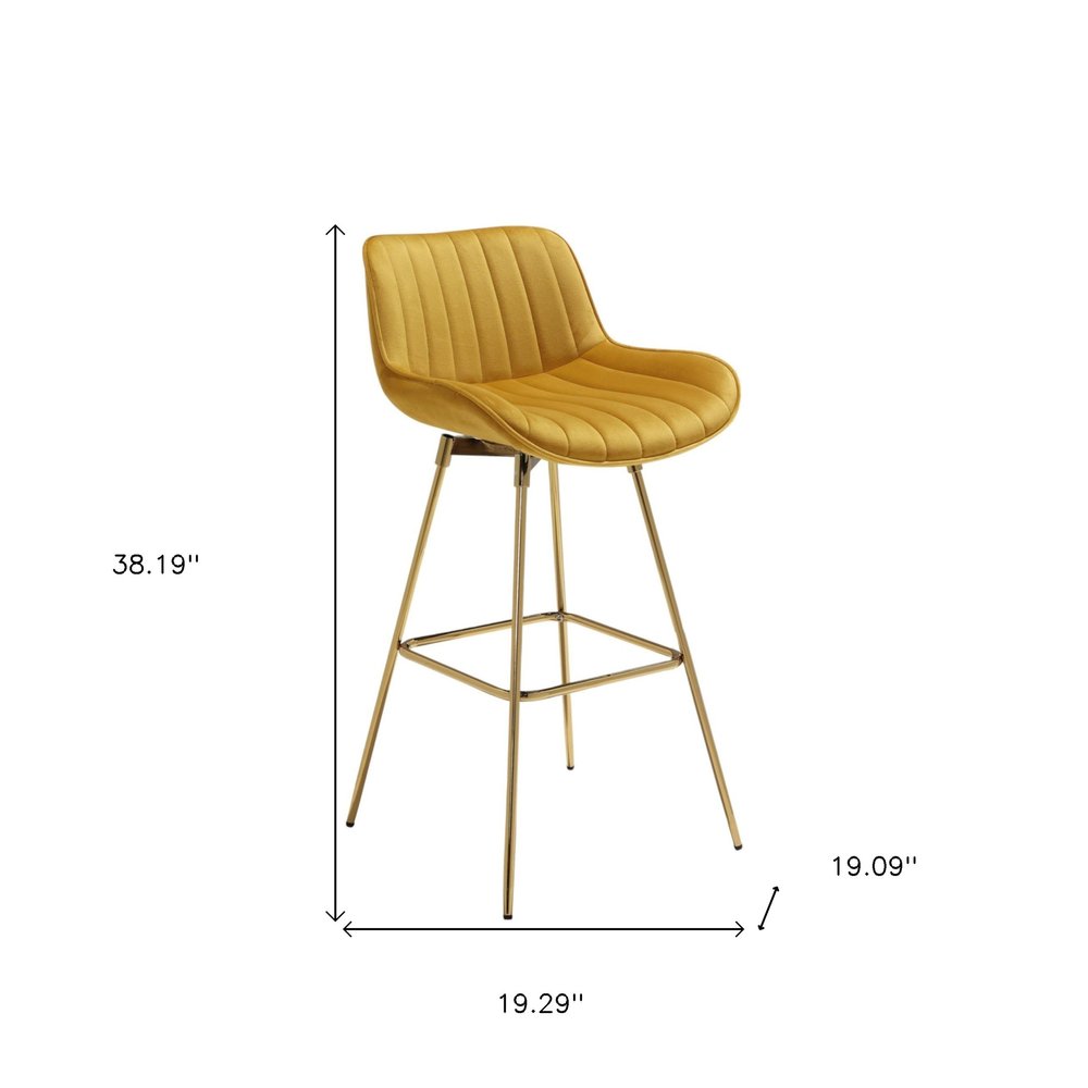 Set of Two 29" Yellow and Gold Velvet and Metal Low Back Bar Height Swivel Bar Chairs