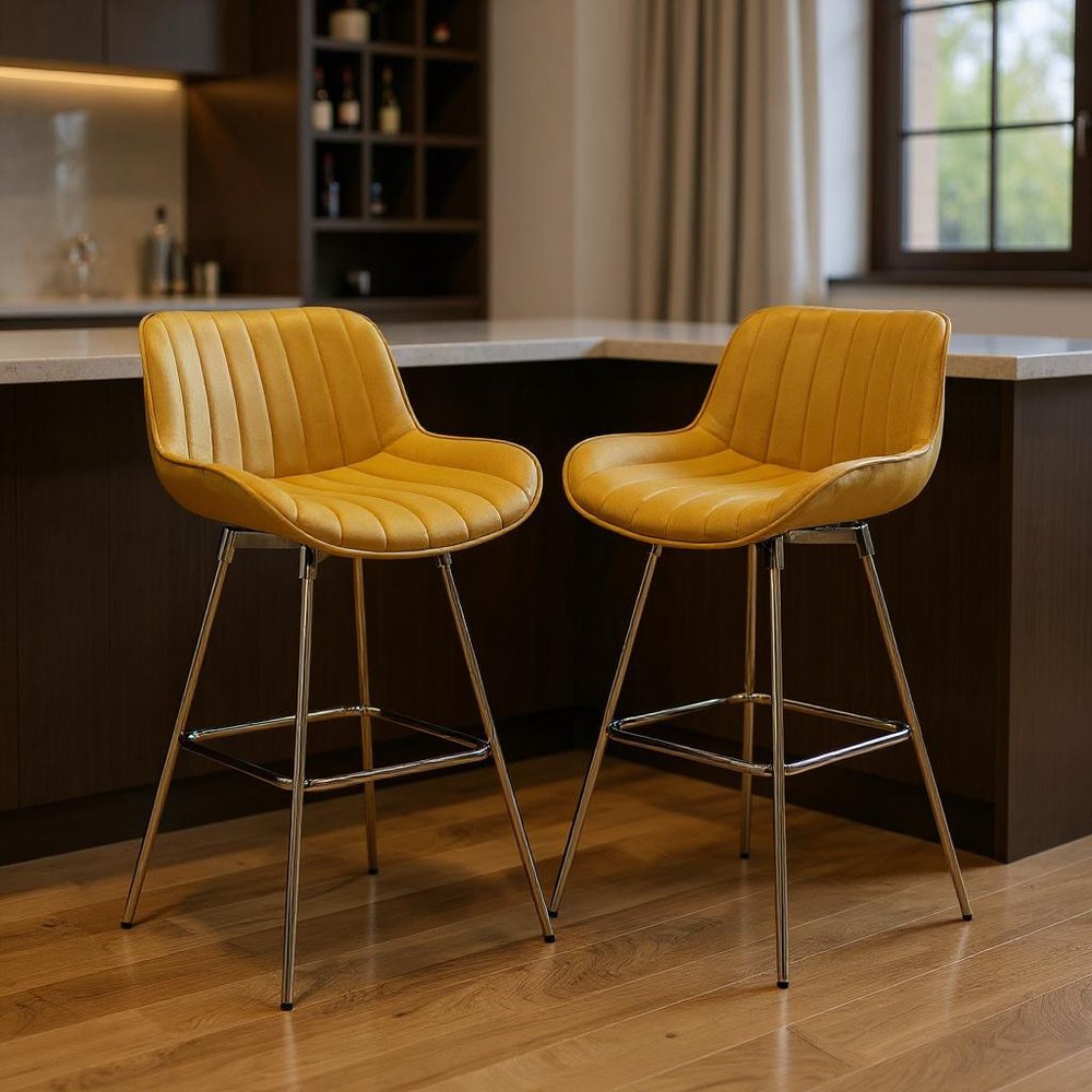 Set of Two 29" Yellow and Gold Velvet and Metal Low Back Bar Height Swivel Bar Chairs