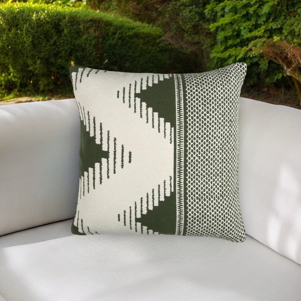 20" Green and White Handmade Geometric Indoor Outdoor Throw Pillow Cover