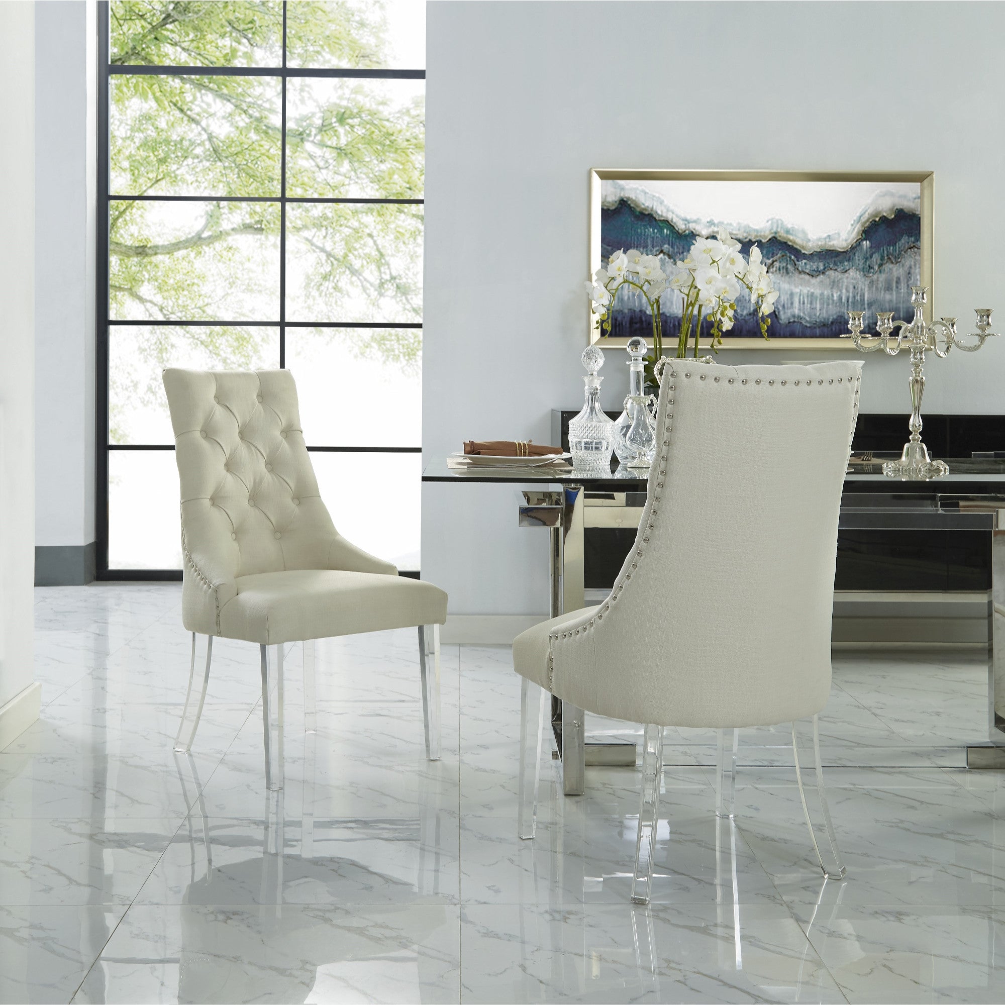 Set of Two Tufted Cream and Clear Upholstered Linen Dining Side Chairs
