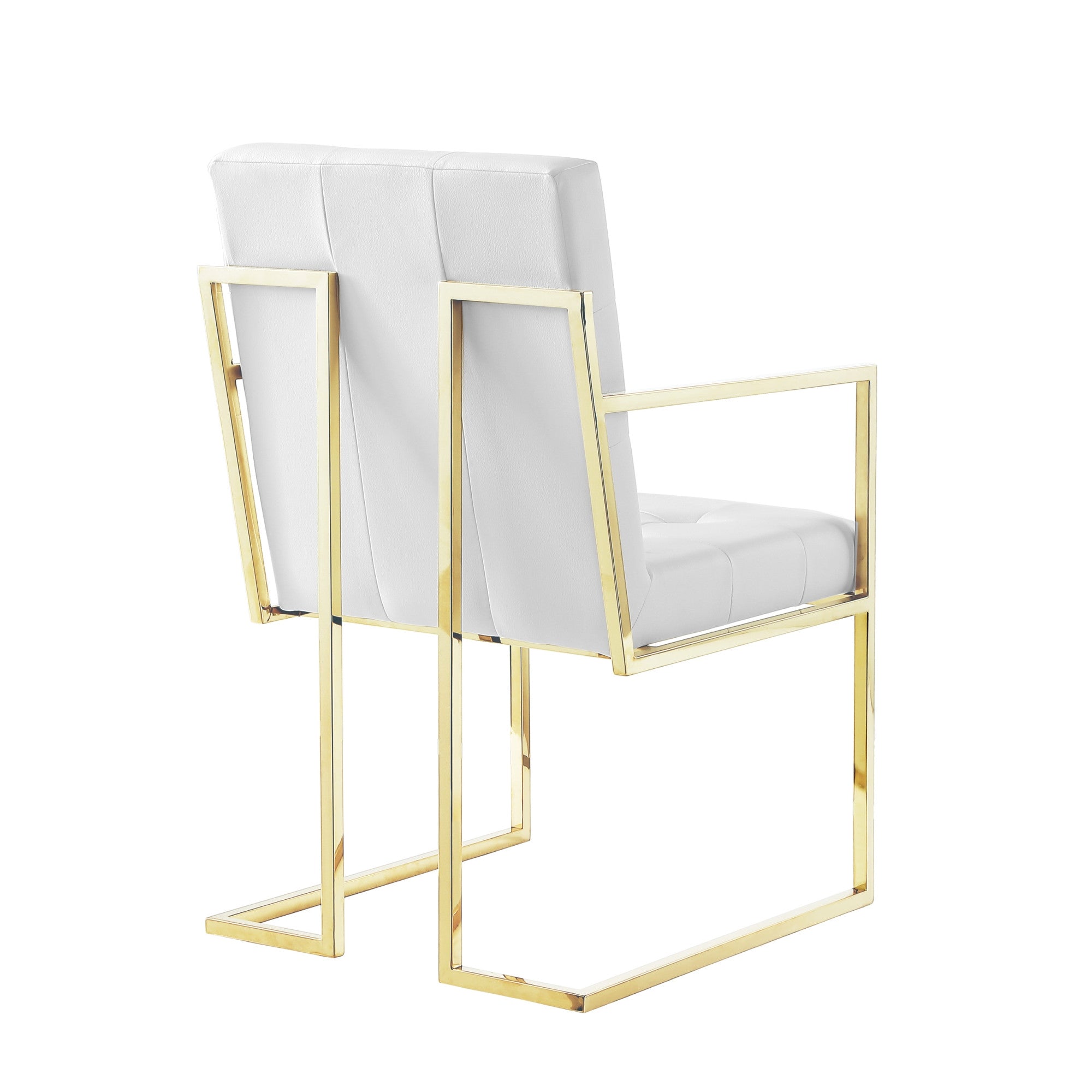 Set of Two Tufted White and Gold Upholstered Faux Leather Dining Arm Chairs