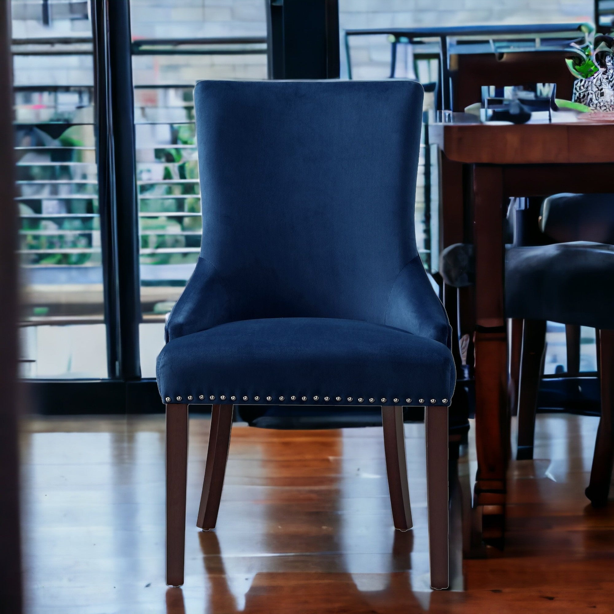 Set of Two Tufted Navy Blue and Espresso Upholstered Velvet Dining Side Chairs