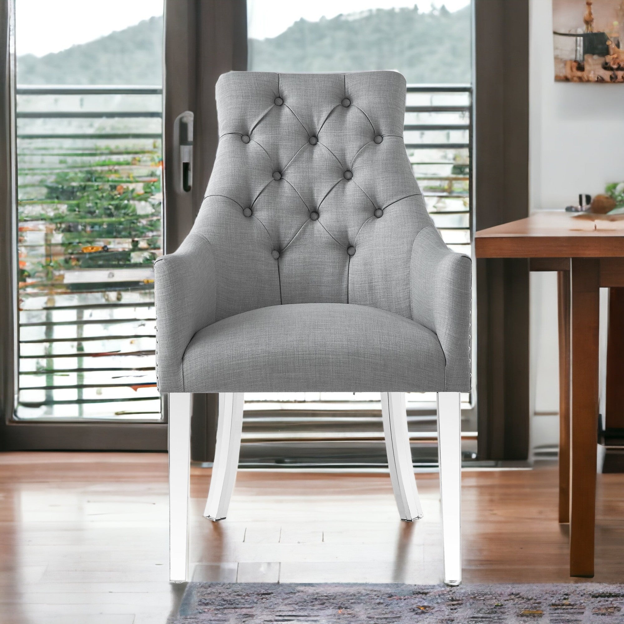 Set of Two Tufted Light Gray and Clear Upholstered Linen Dining Arm Chairs
