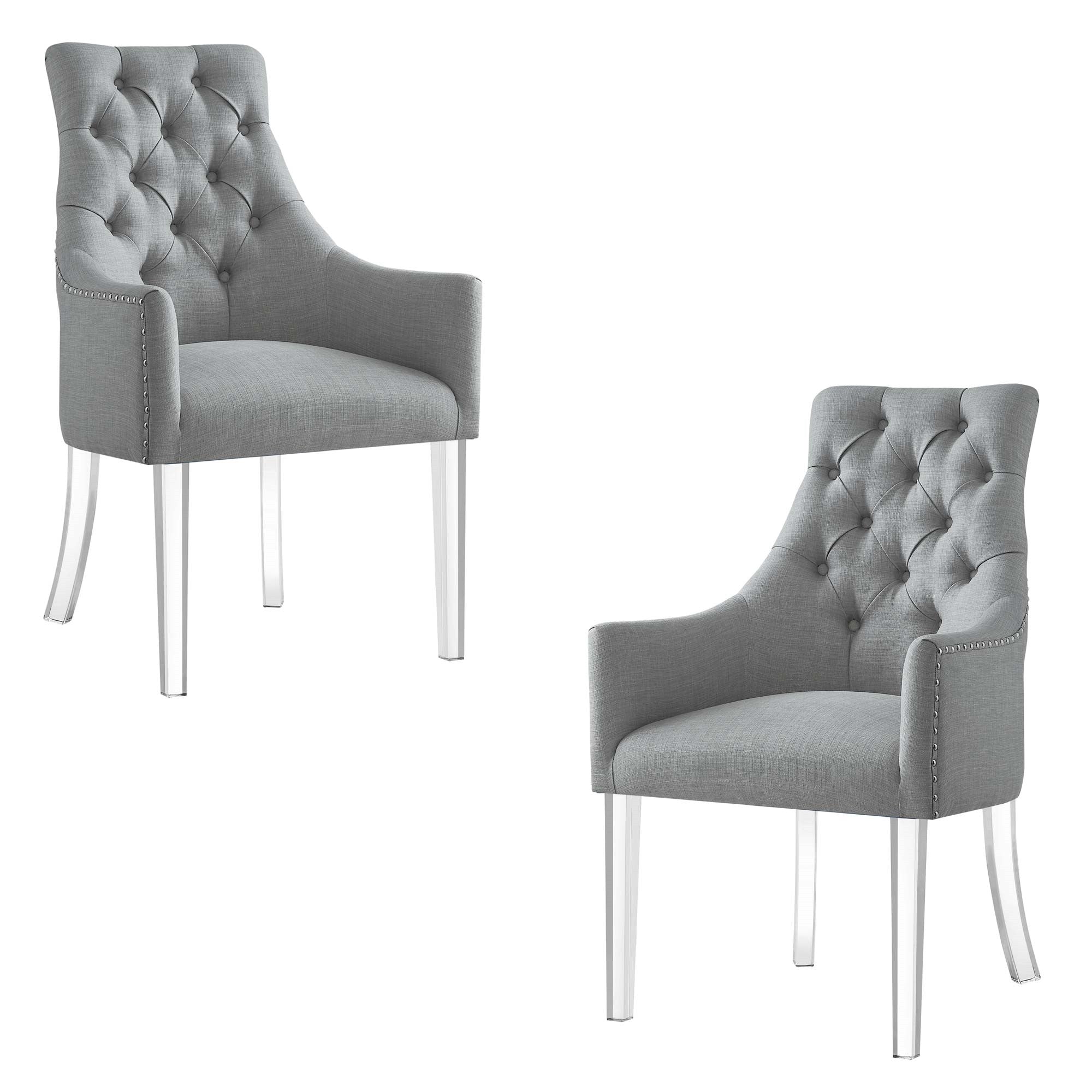 Set of Two Tufted Light Gray and Clear Upholstered Linen Dining Arm Chairs