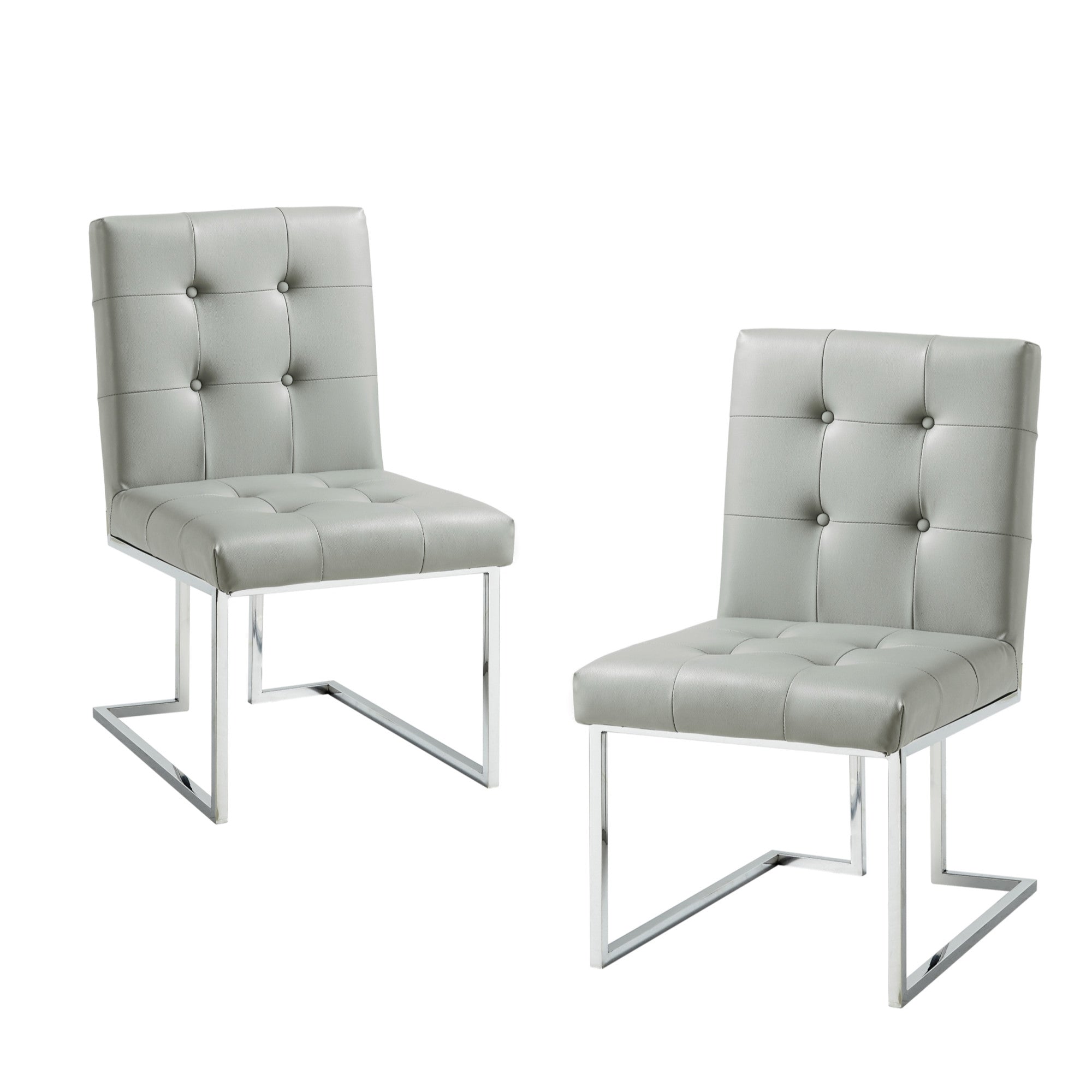 Set of Two Tufted Light Gray and Silver Metallic Upholstered Faux Leather Dining Side Chairs