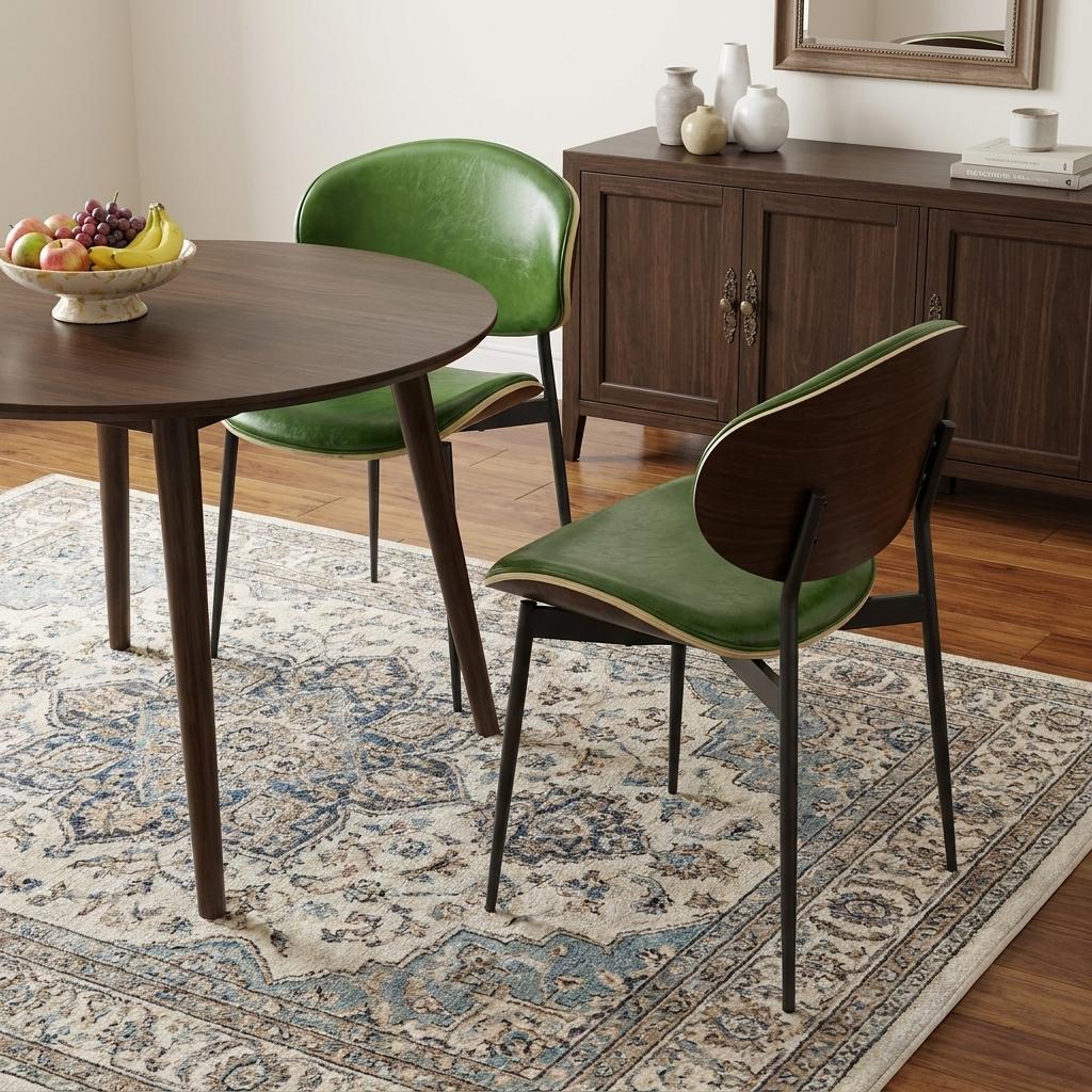 Set of Two Green and Black Upholstered Faux Leather Curved Back Dining Side Chairs