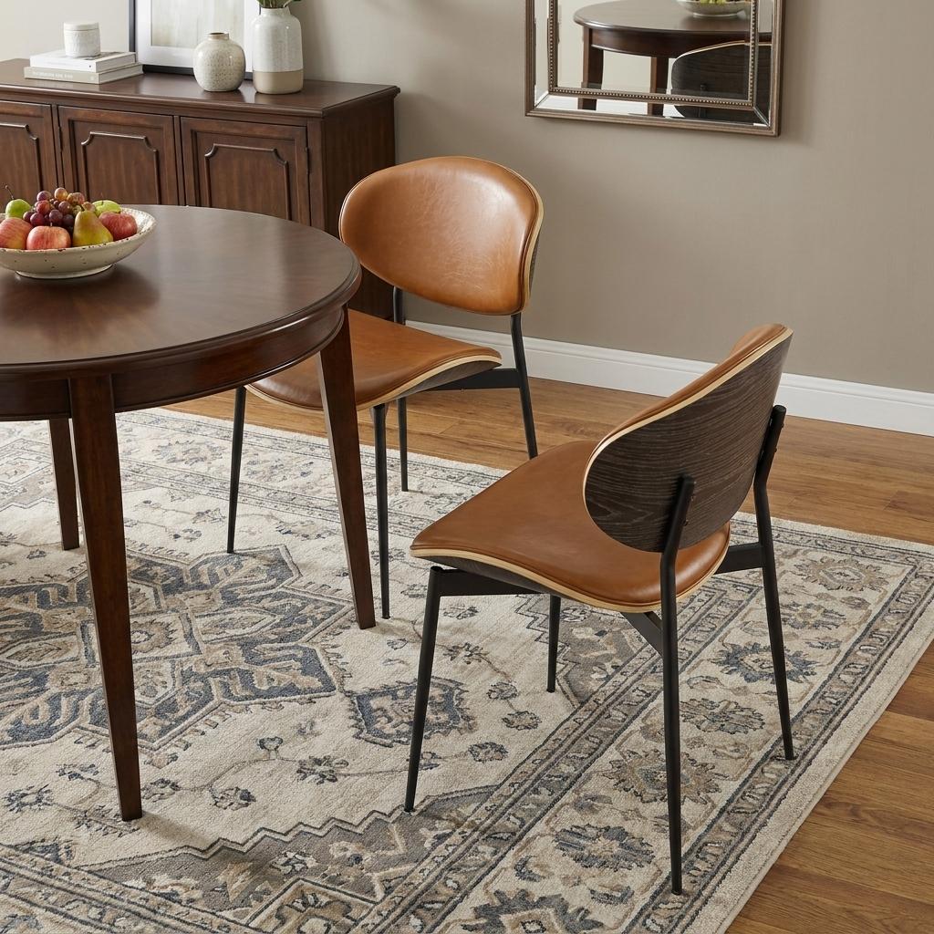 Set of Two Brown and Black Upholstered Faux Leather Curved Back Dining Side Chairs