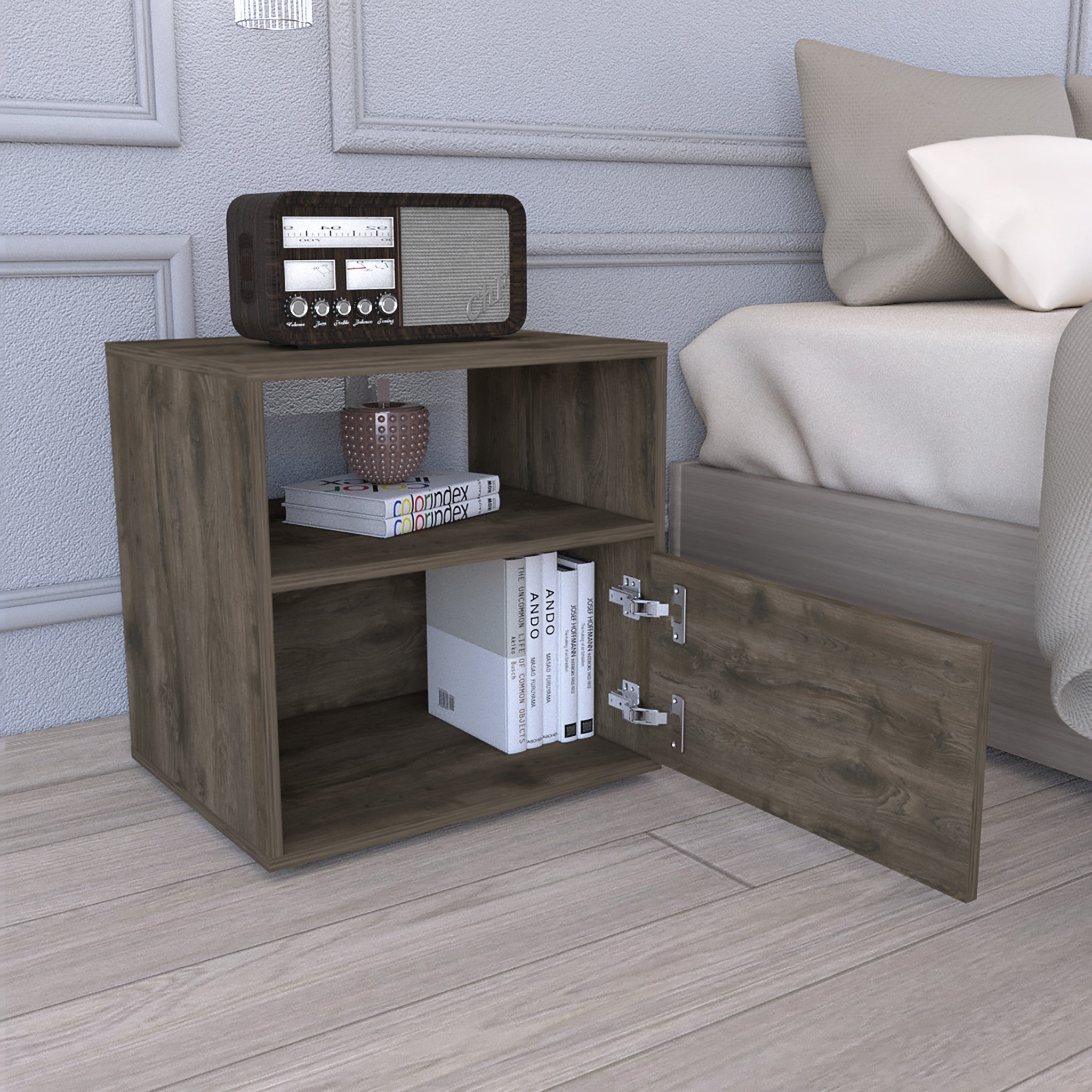 21" Brown Faux Wood Nightstand With Storage