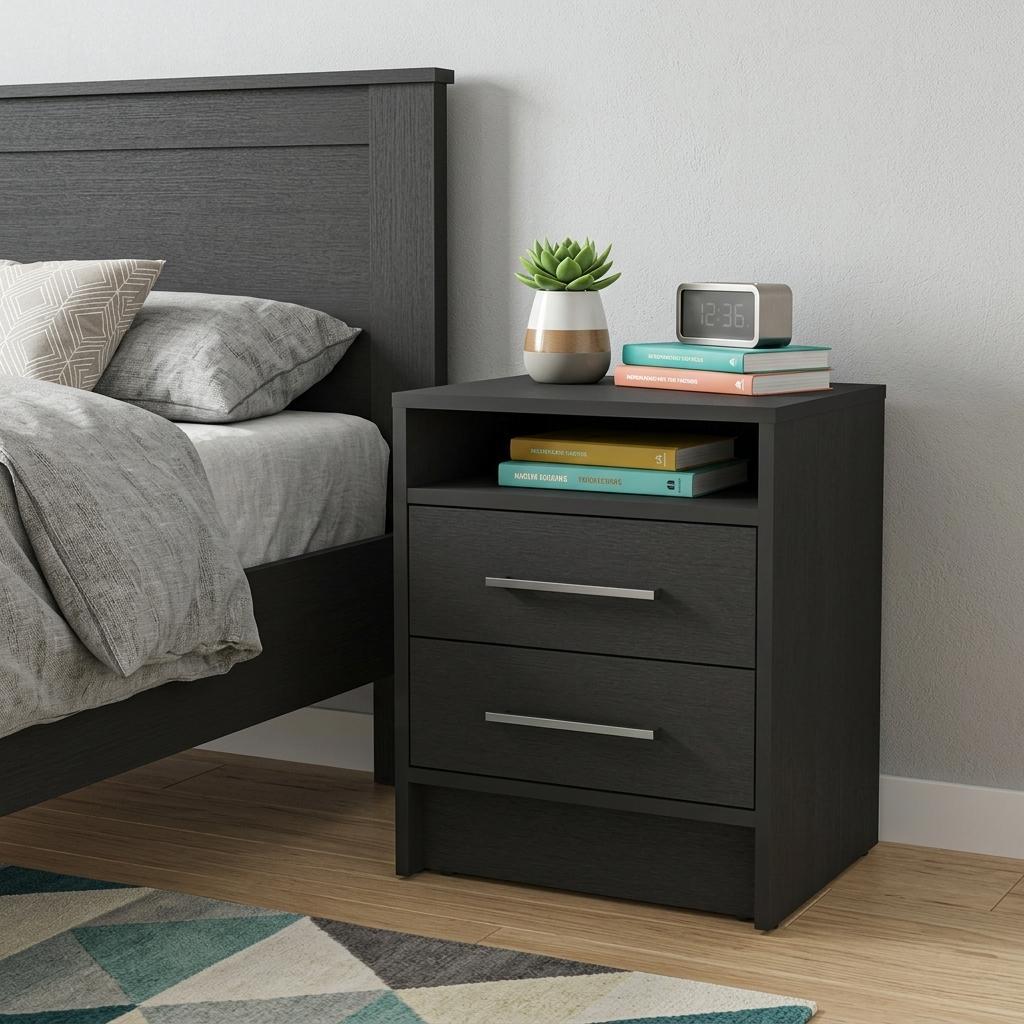 20" Black Two Drawer Faux Wood Nightstand