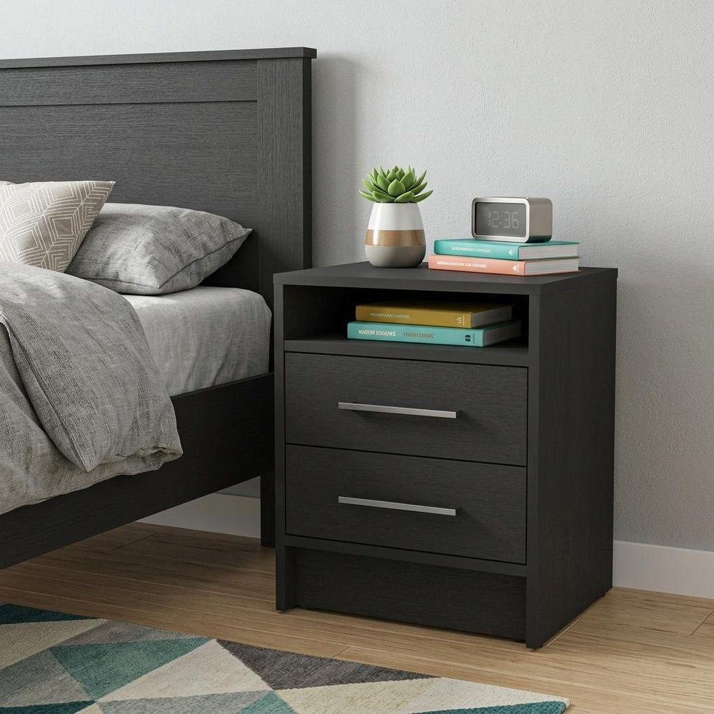 20" Black Two Drawer Faux Wood Nightstand