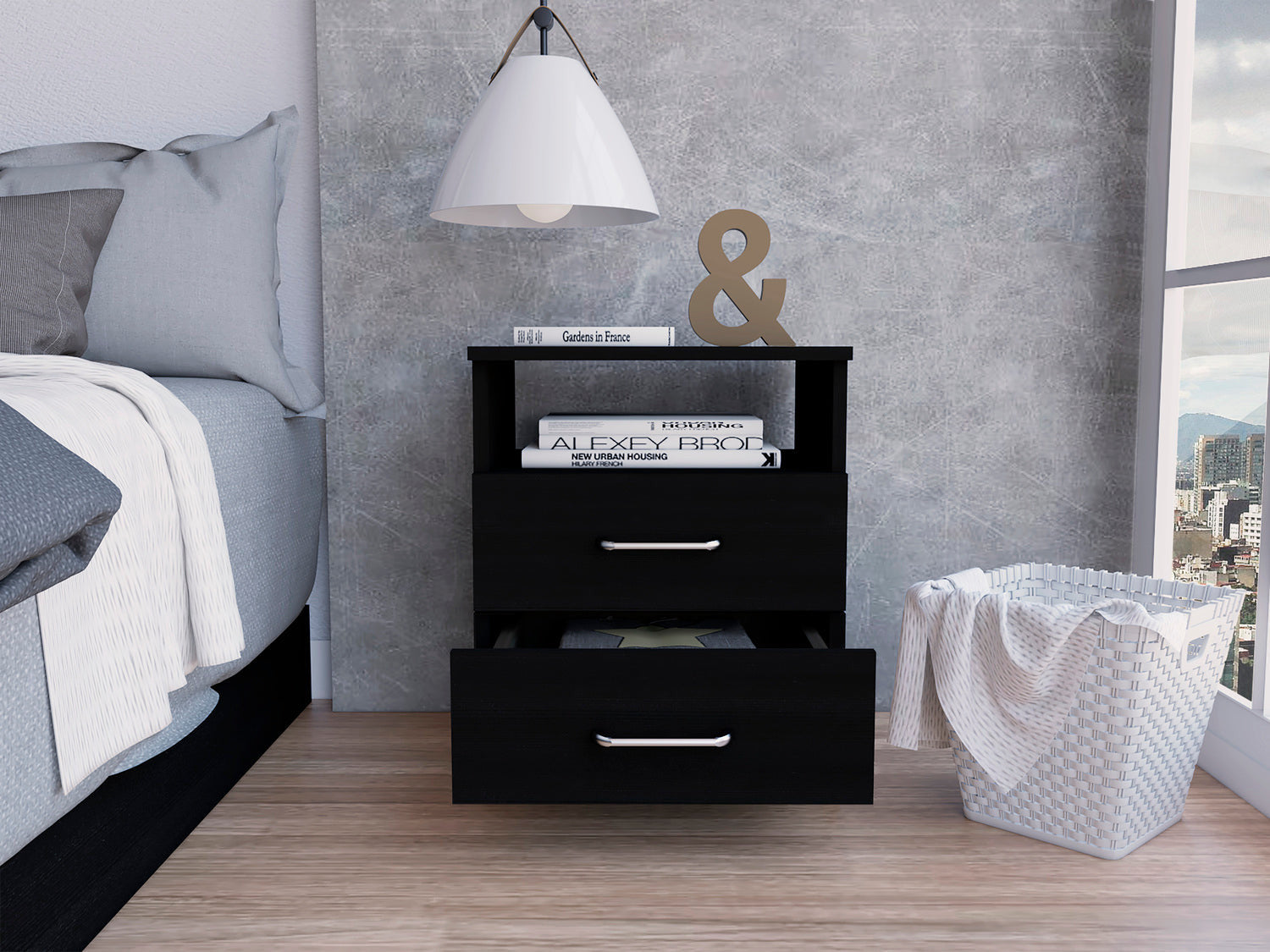 20" Black Two Drawer Faux Wood Nightstand