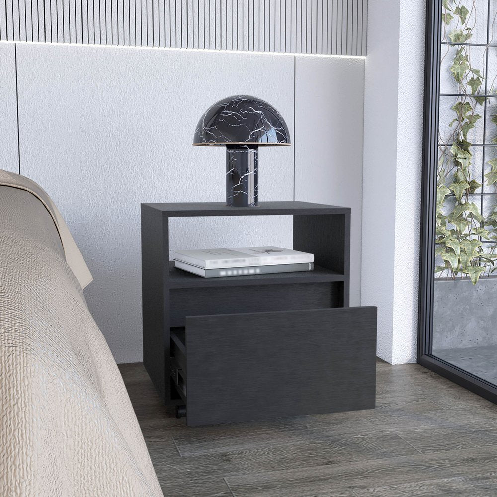 21" Black Wood One Drawer Nightstand