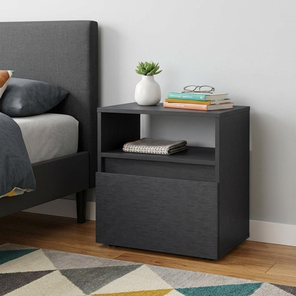 21" Black Wood One Drawer Nightstand