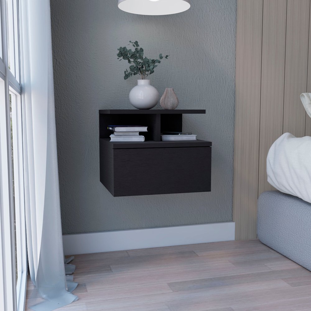12" Black Wood One Drawer Floating Nightstand