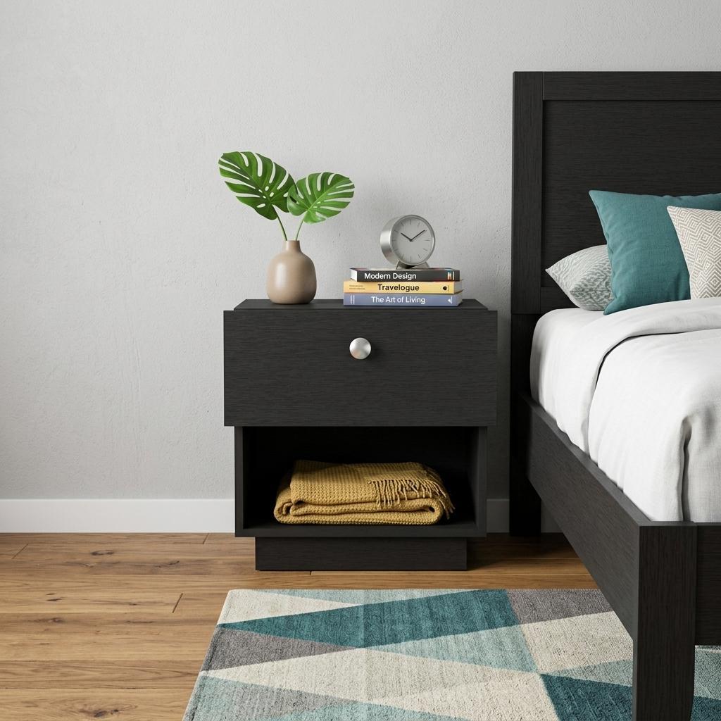 20" Black Wood One Drawer Nightstand