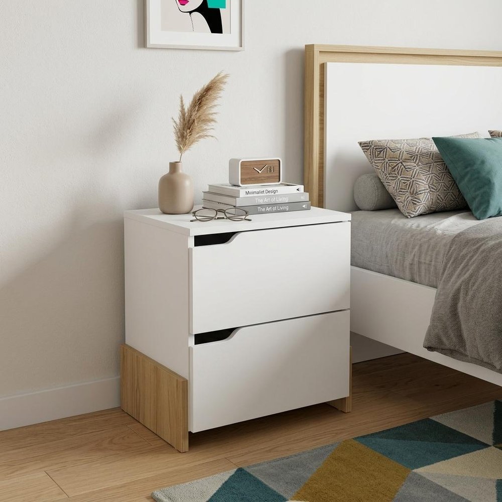 20" White And Natural Wood Two Drawer Nightstand