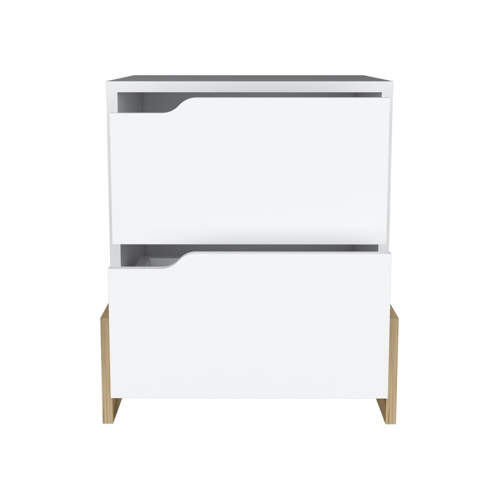 20" White And Natural Wood Two Drawer Nightstand