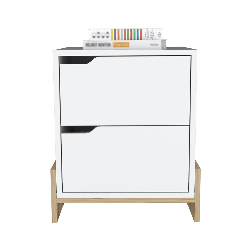 20" White And Natural Wood Two Drawer Nightstand