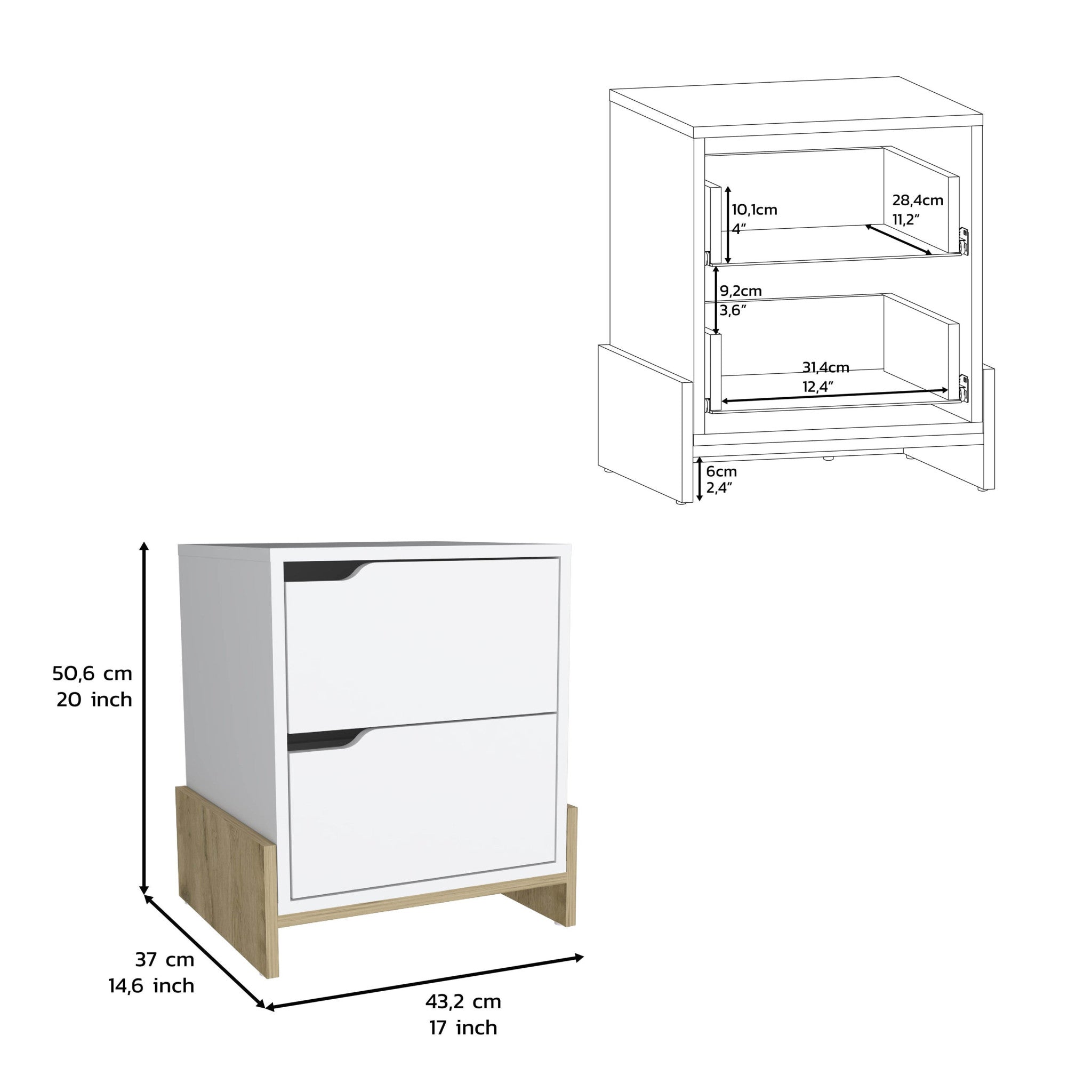 20" White Two Drawer Faux Wood Nightstand