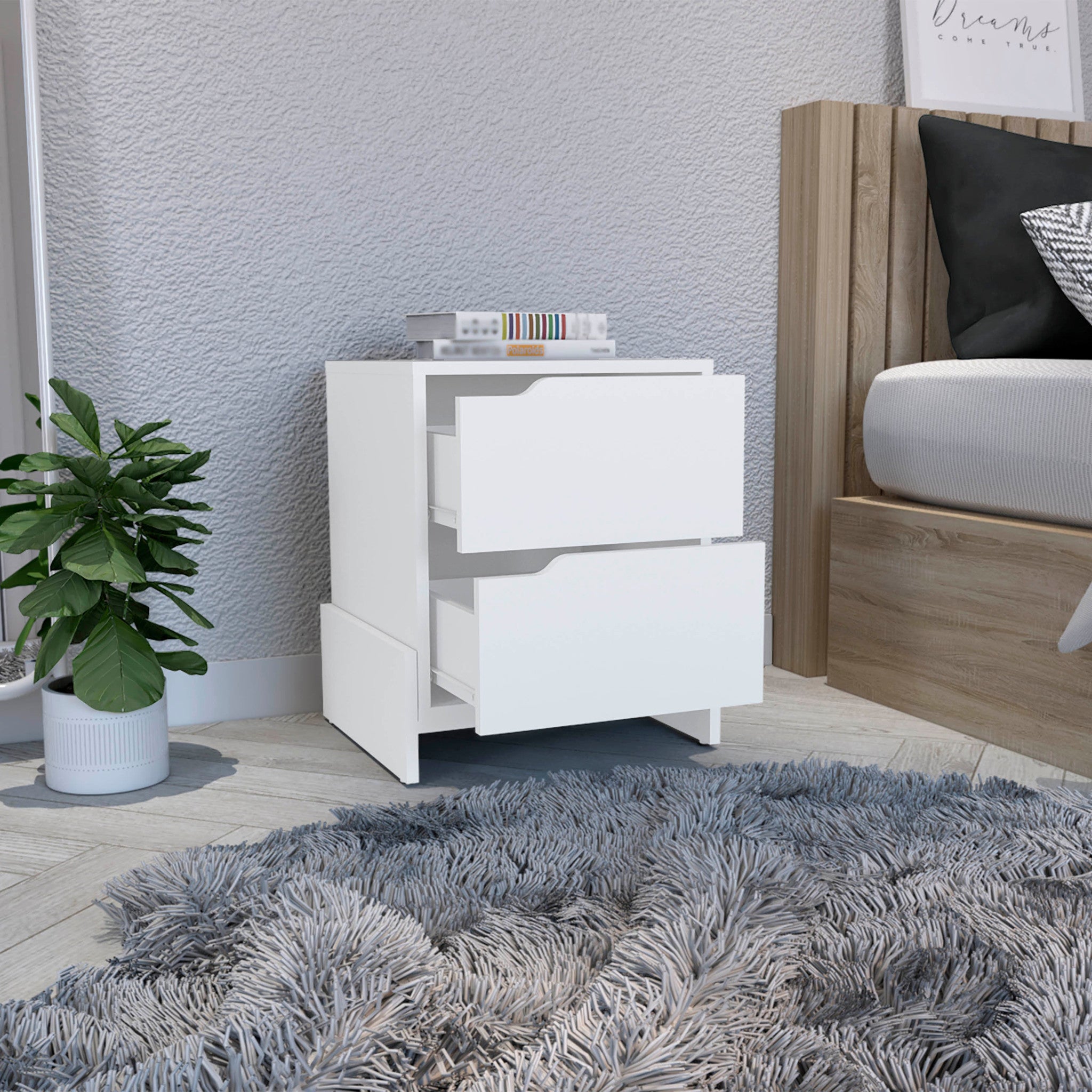 20" White Two Drawer Faux Wood Nightstand