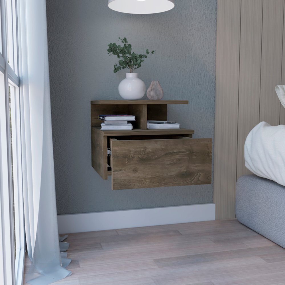 12" Brown Wood One Drawer Floating Nightstand
