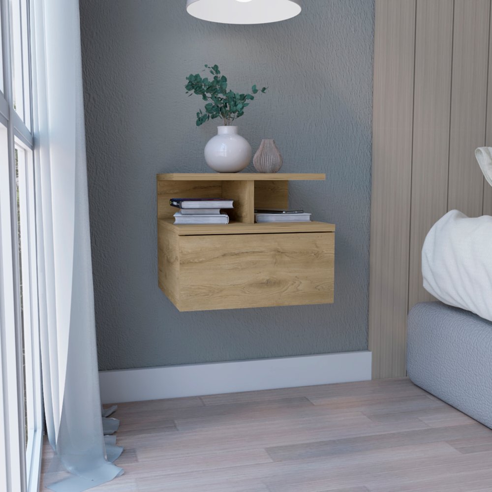 12" Beige Wood One Drawer Floating Nightstand