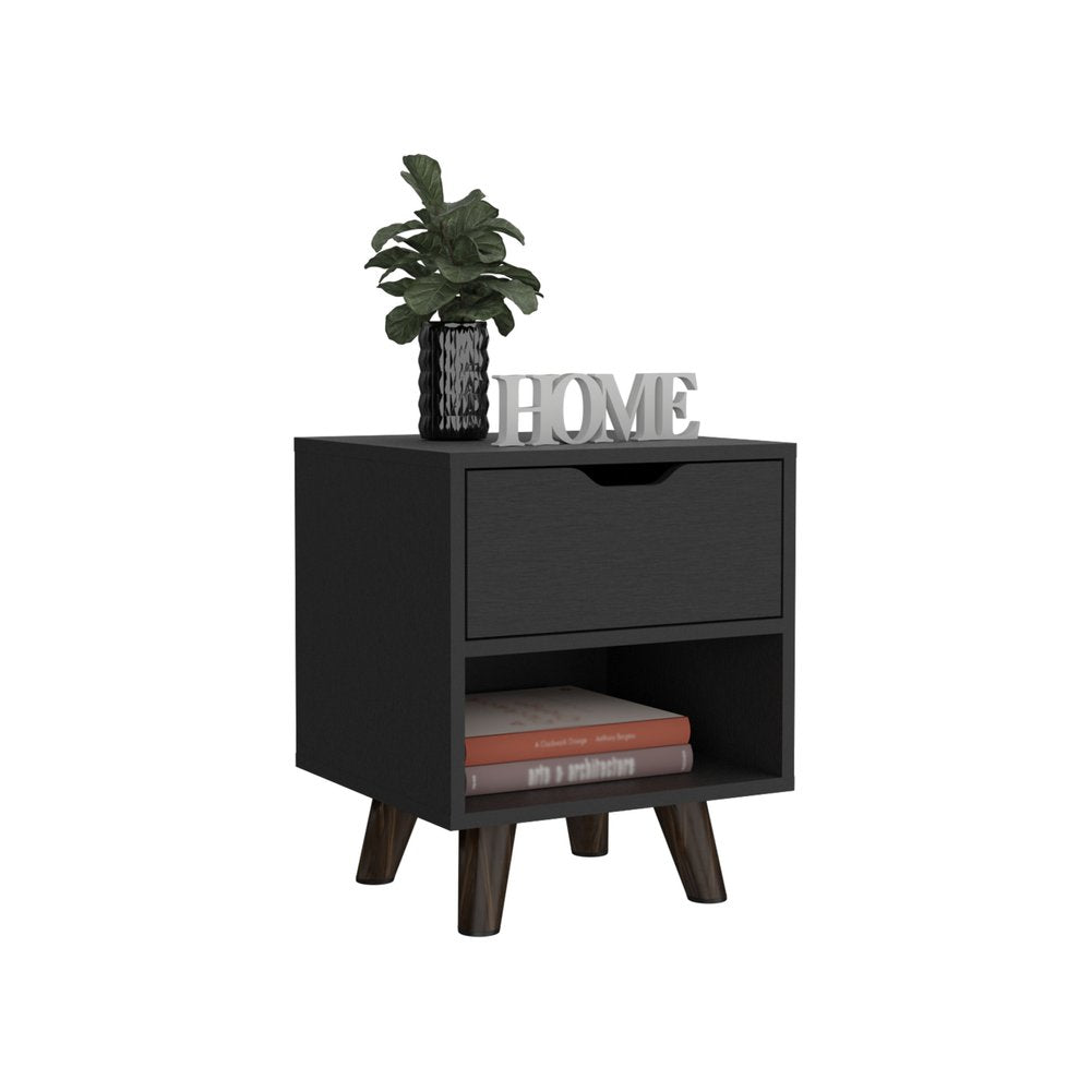 19" Black Wood One Drawer Nightstand