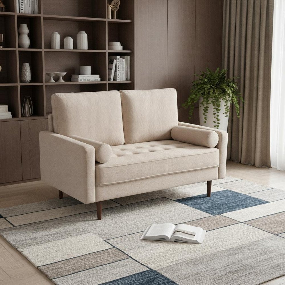 57" Beige And Dark Brown Velvet Loveseat and Toss Pillows