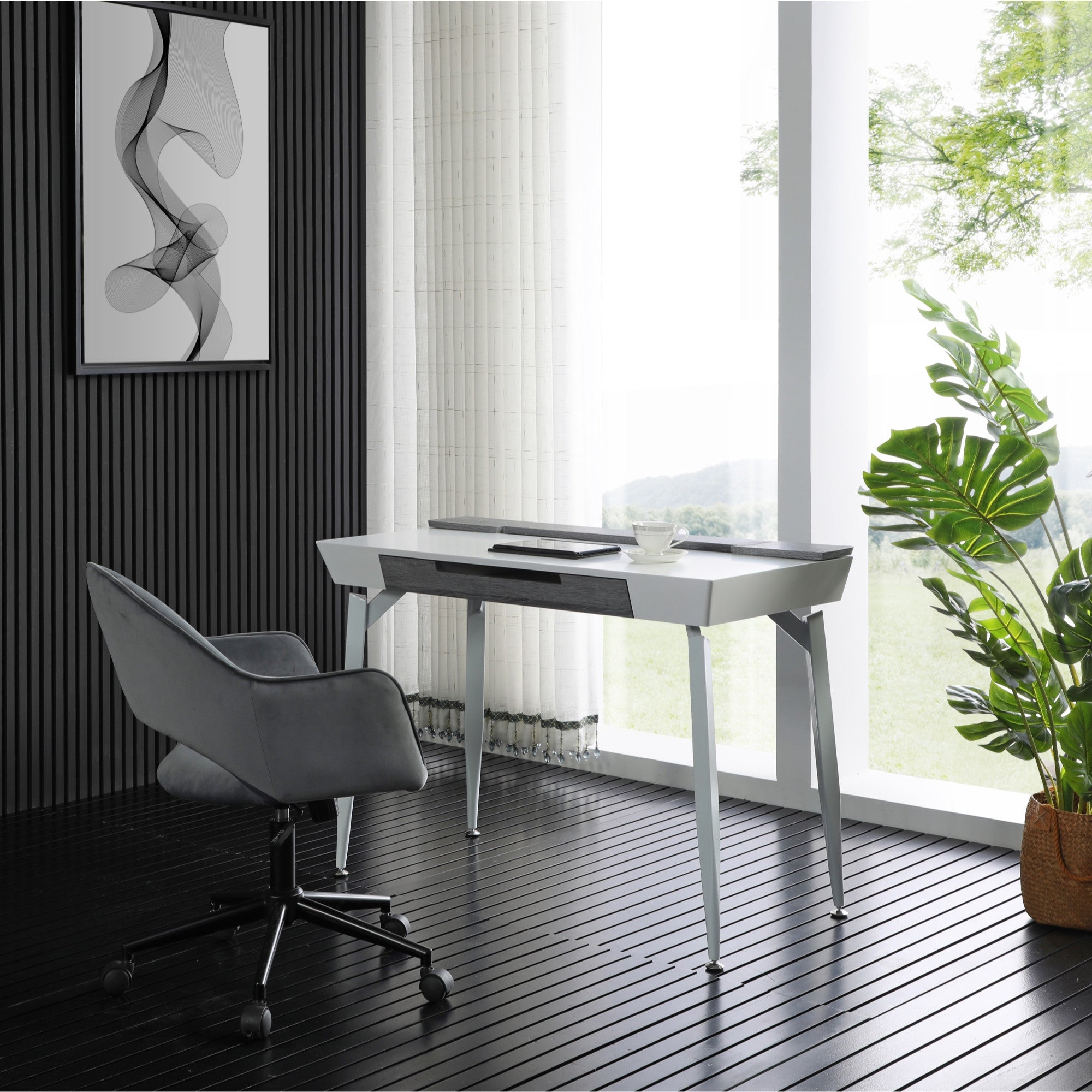44" Black and Natural Writing Desk With Three Drawers