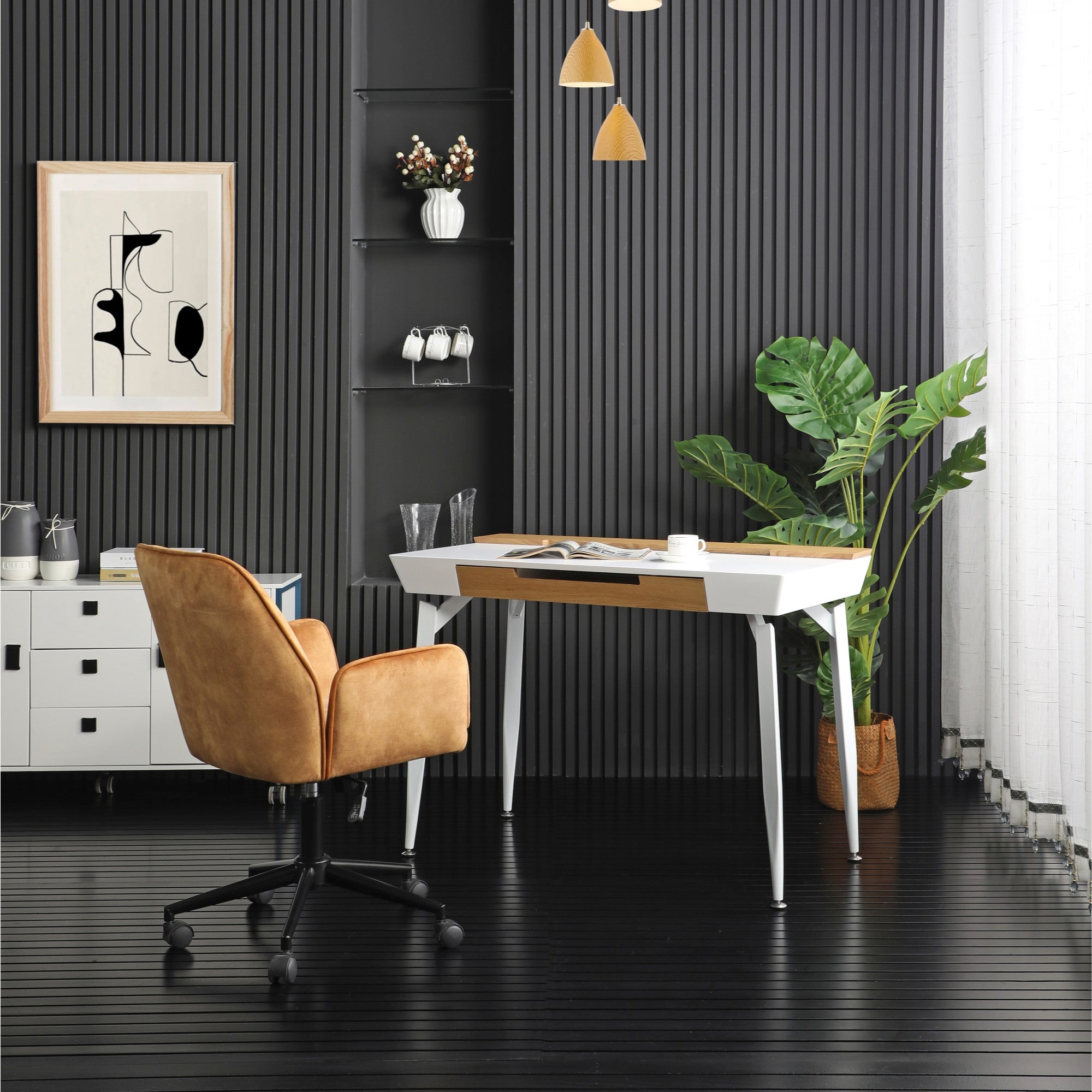 44" Black and Natural Writing Desk With Three Drawers