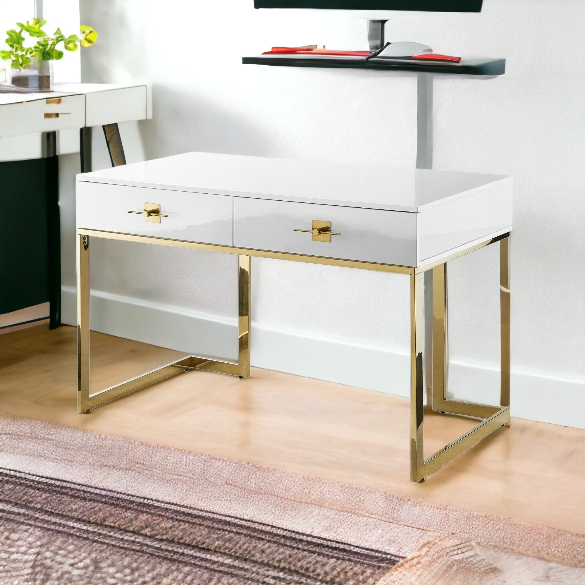 47" White and Gold Writing Desk With Two Drawers