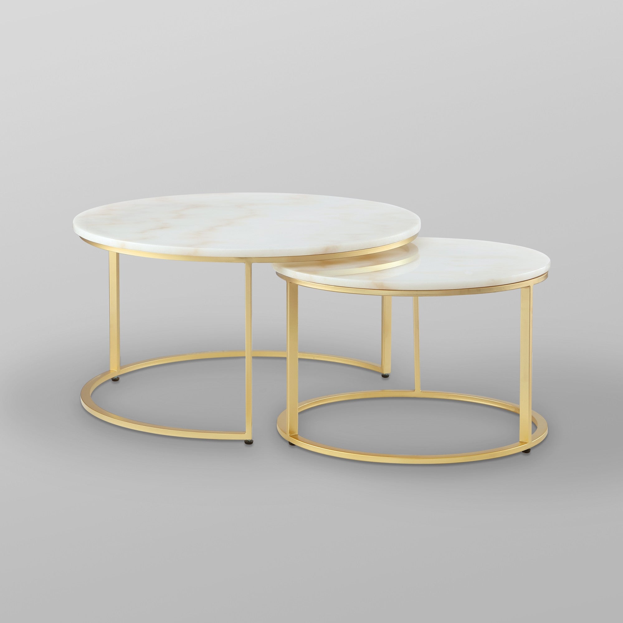 Set of Two 31" White And Gold Genuine Marble And Iron Round Nested Coffee Tables