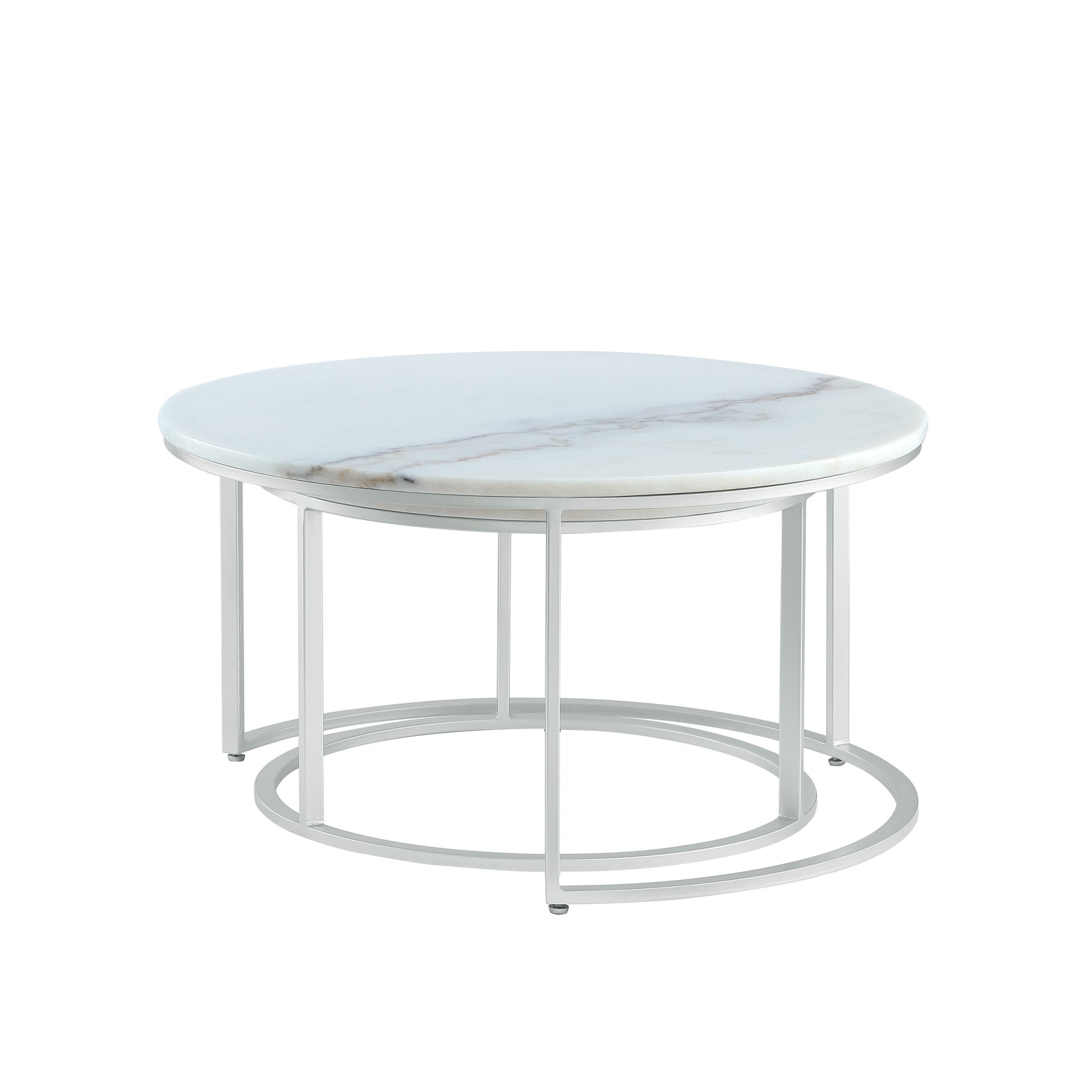 Set of Two 31" White And Gold Genuine Marble And Iron Round Nested Coffee Tables