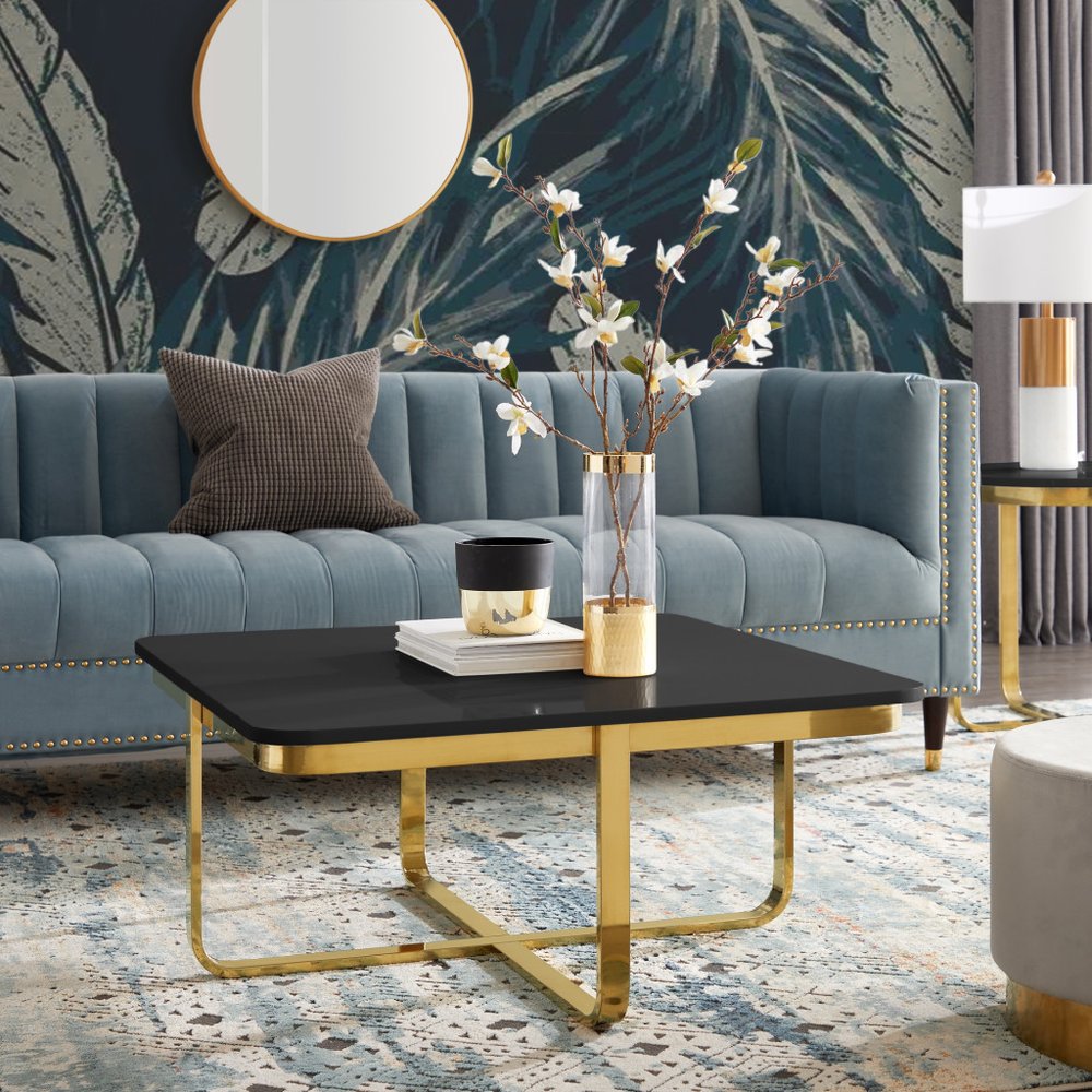 35" Light Gray And Silver Metallic Wood And Stainless Steel Square Coffee Table
