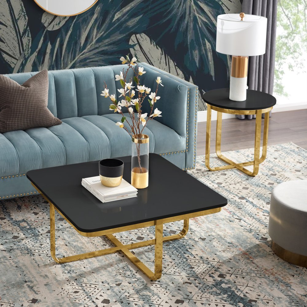 35" Light Gray And Silver Metallic Wood And Stainless Steel Square Coffee Table