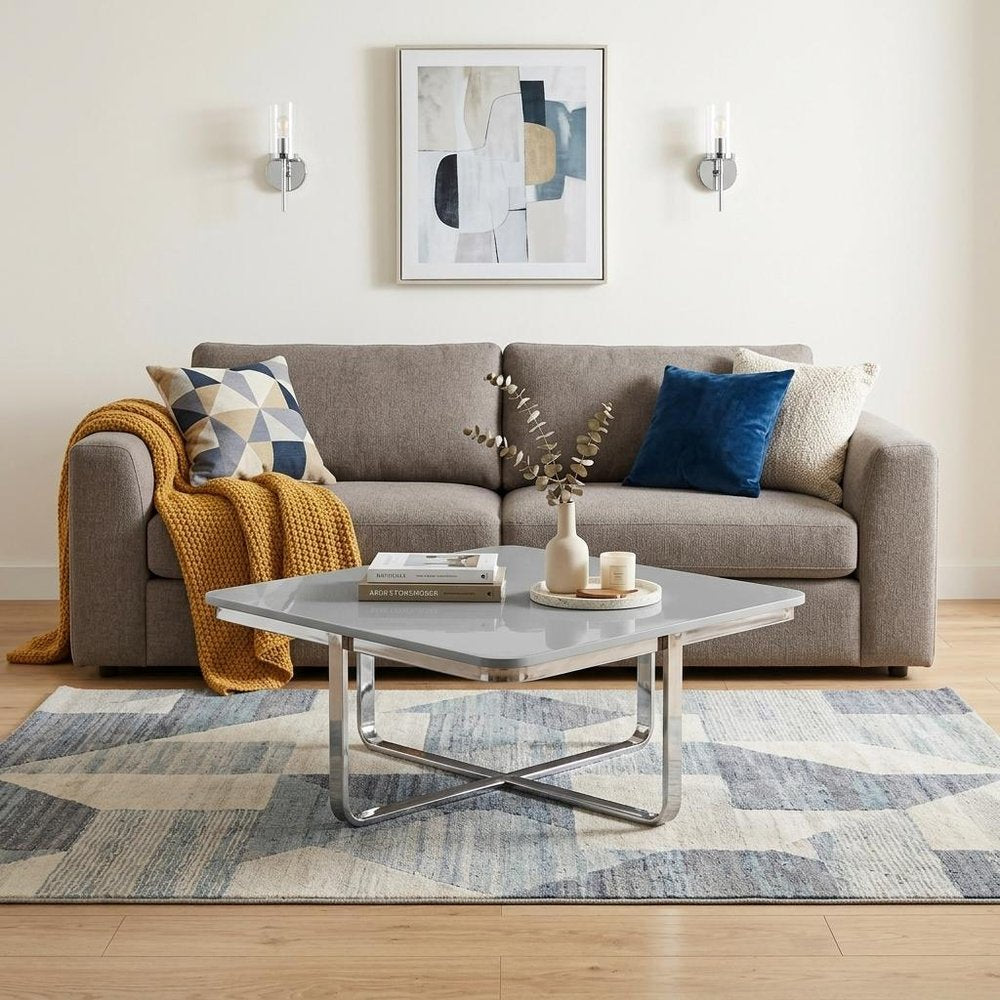 35" Light Gray And Silver Metallic Wood And Stainless Steel Square Coffee Table