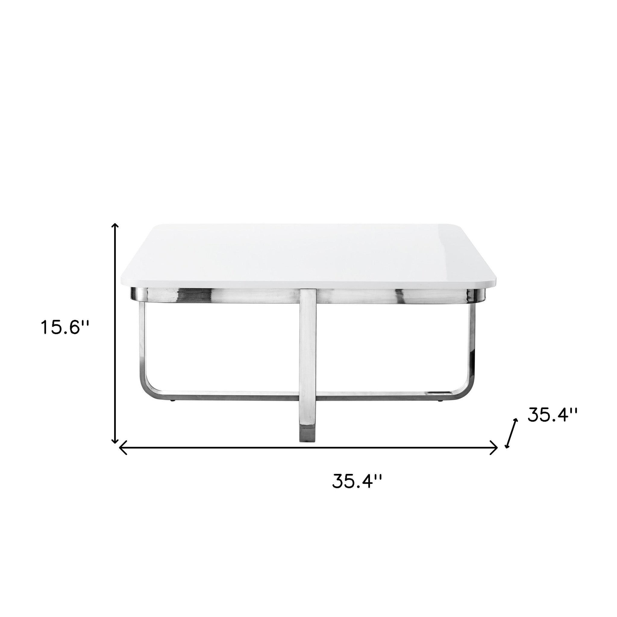 35" White And Silver Metallic Stainless Steel Square Coffee Table