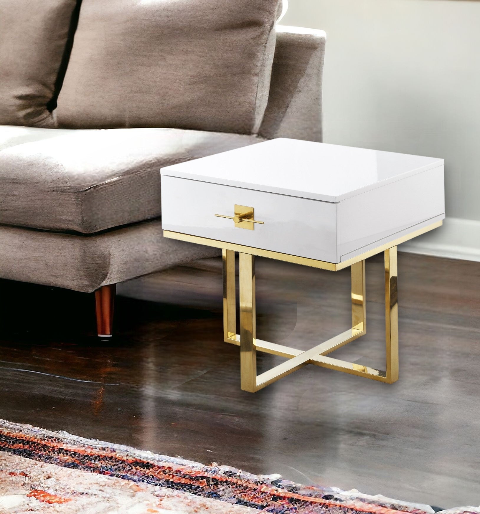 22" Gold and White End Table with Drawer
