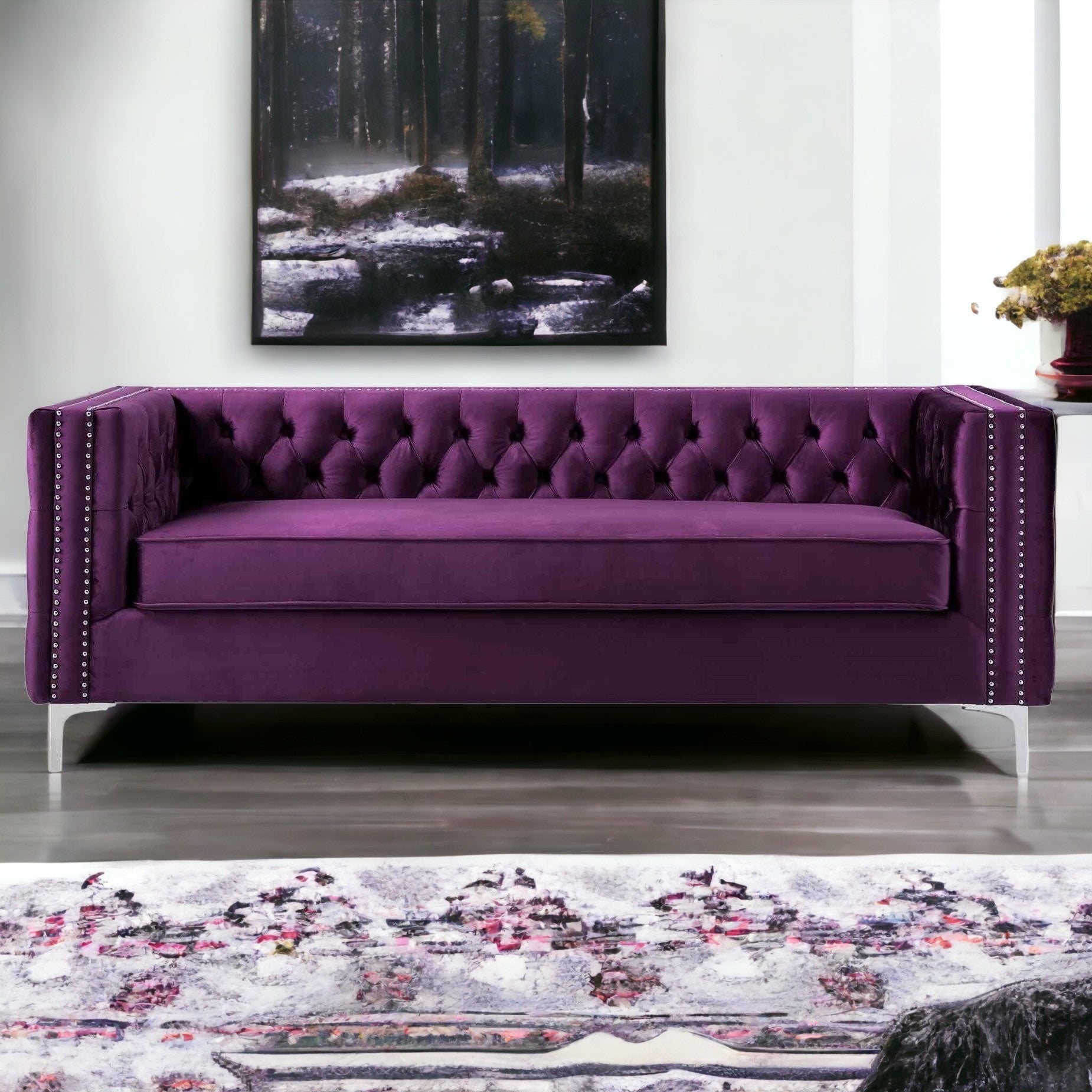 84" Purple Velvet Sofa With Silver Legs