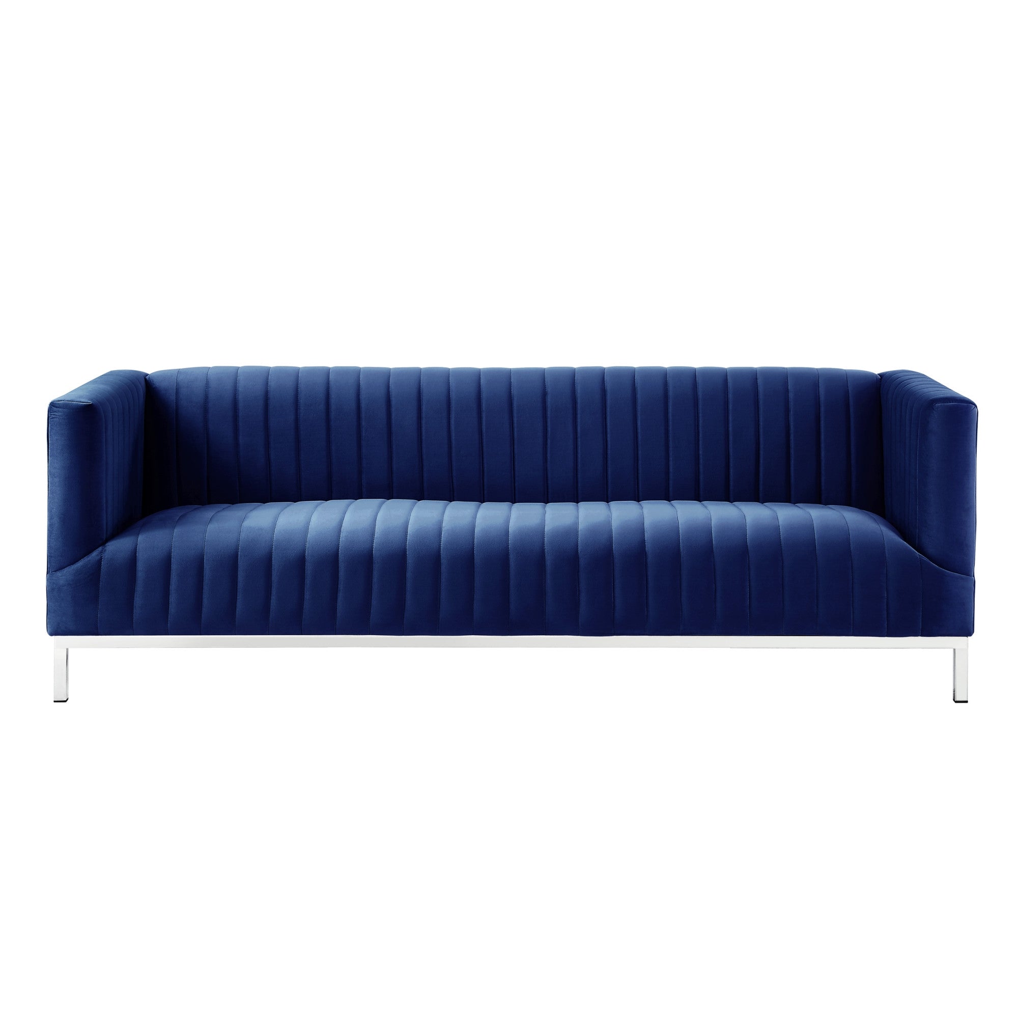 85" Navy Blue Velvet and Silver Sofa