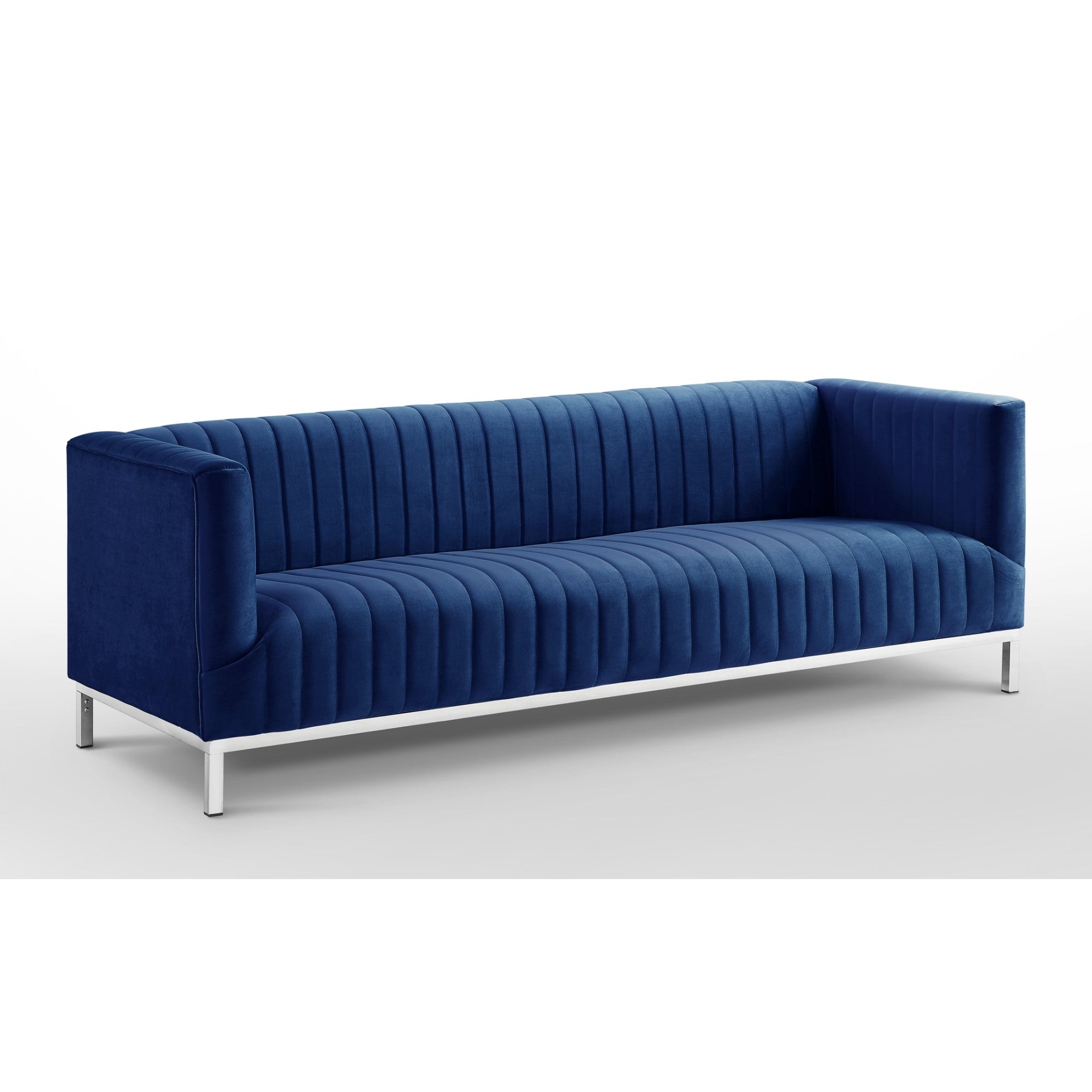 85" Navy Blue Velvet Sofa With Silver Legs