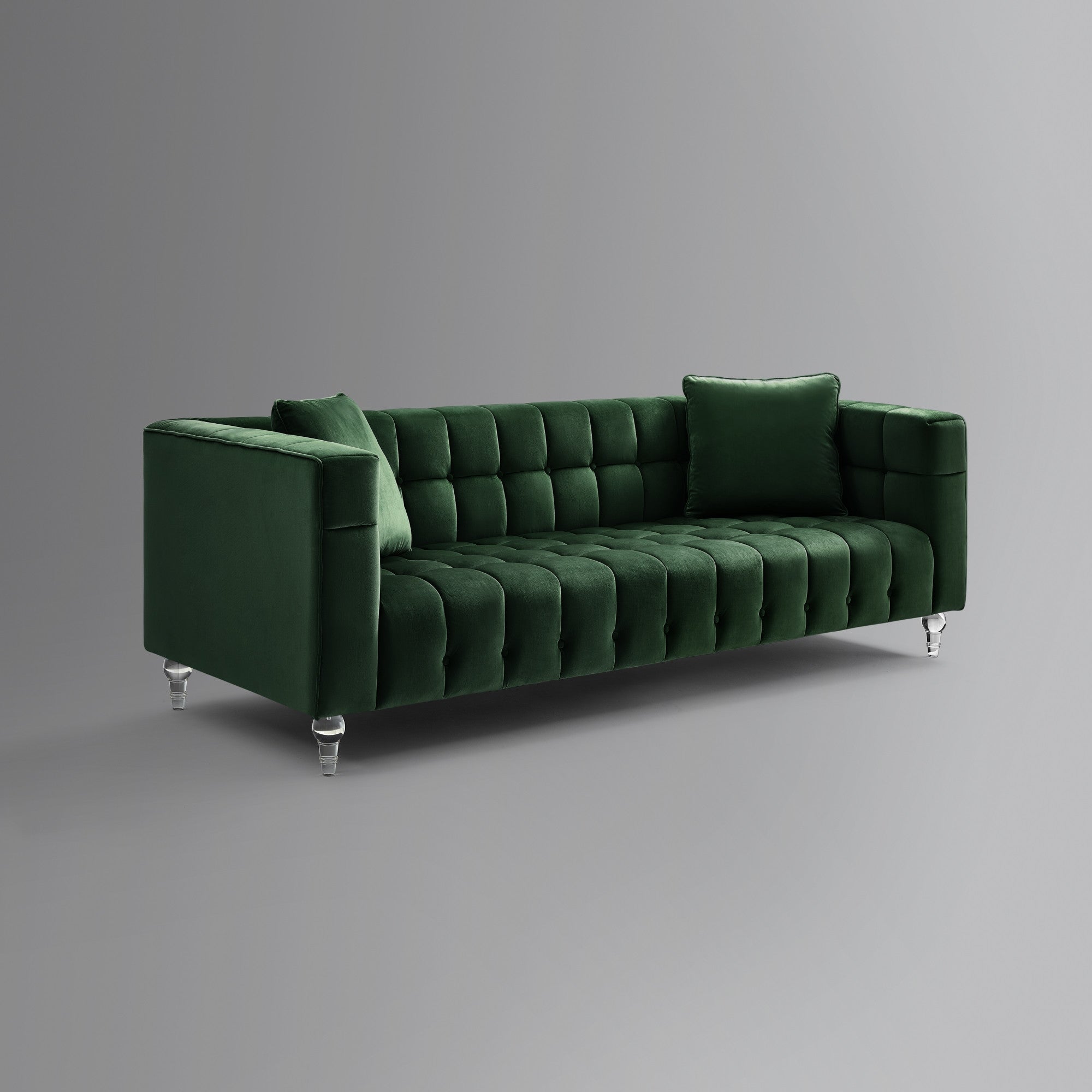 88" Hunter Green Velvet and Clear Sofa and Toss Pillows